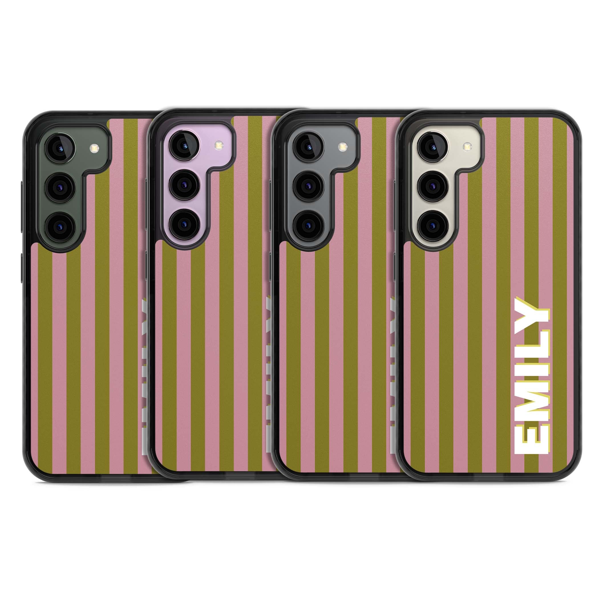 Istanbul Stripe personalised iPhone case featuring pink and olive green vertical stripes with a custom vertical name | Black Impact case for Samsung Galaxy S24, Samsung Galaxy S23, Samsung Galaxy S22