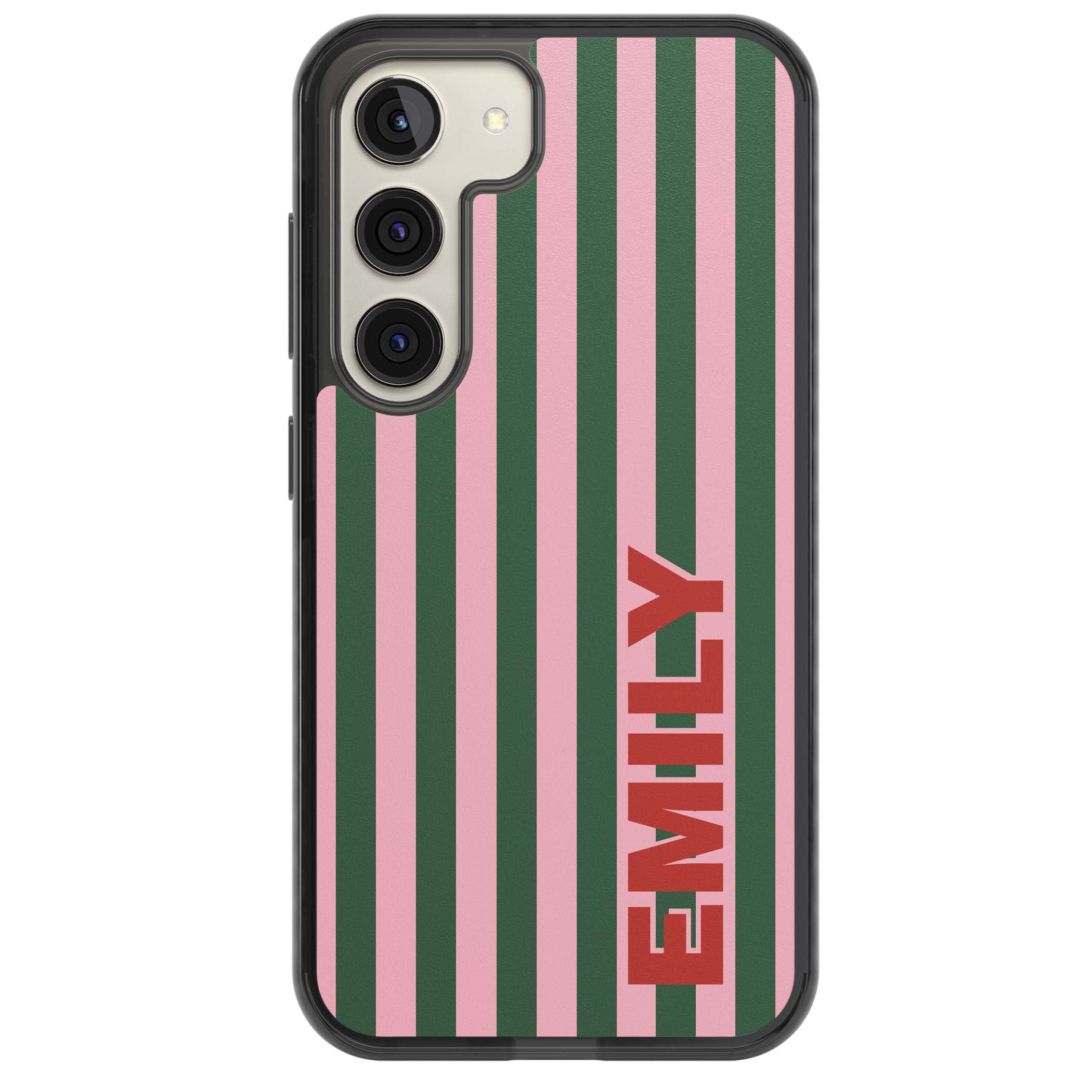 Italian Stripe preppy iPhone case featuring pink and green vertical stripes with personalised red name | Black Impact case for Samsung Galaxy S24, Samsung Galaxy S23, Samsung Galaxy S22