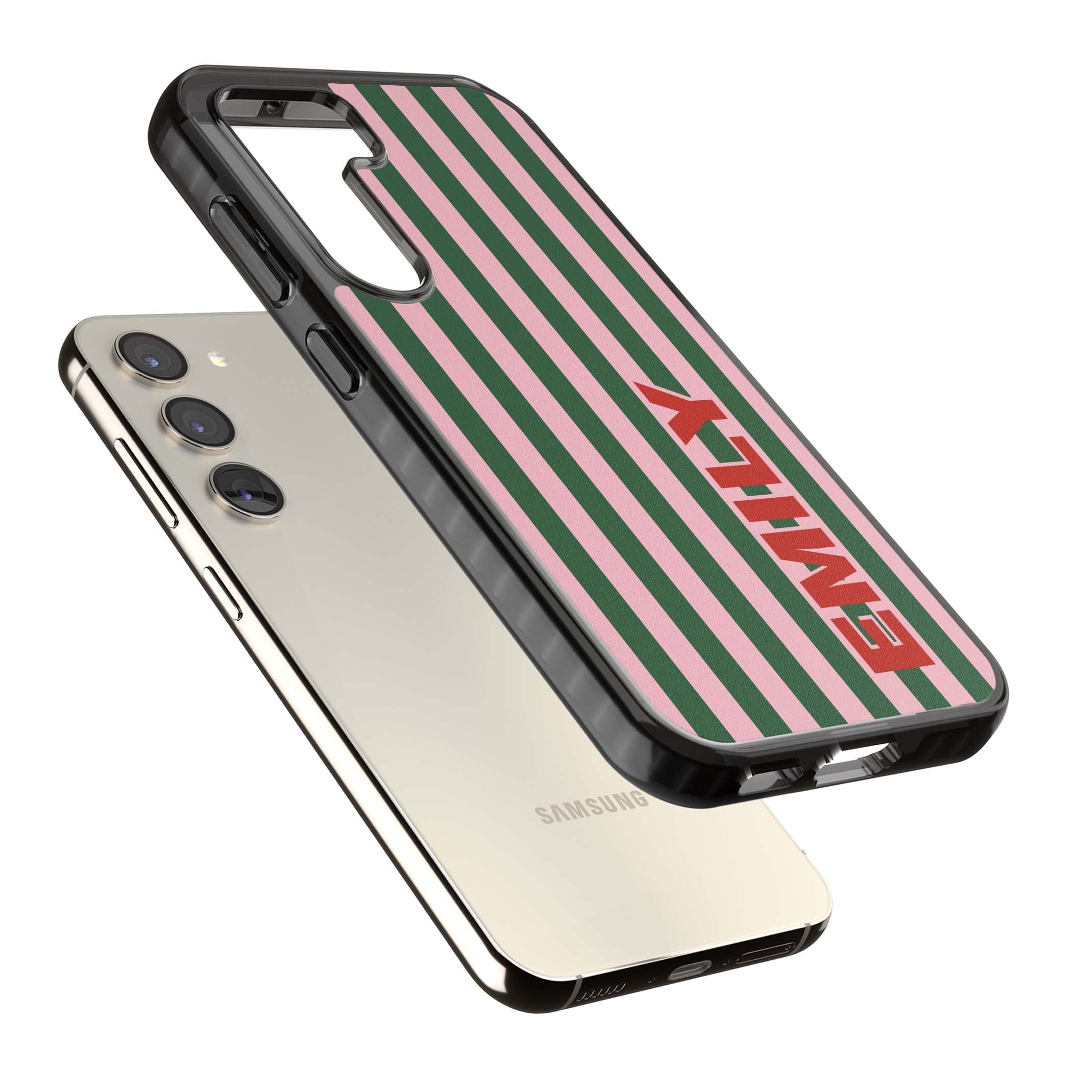 Italian Stripe preppy iPhone case featuring pink and green vertical stripes with personalised red name | Black Impact case for Samsung Galaxy S24, Samsung Galaxy S23, Samsung Galaxy S22