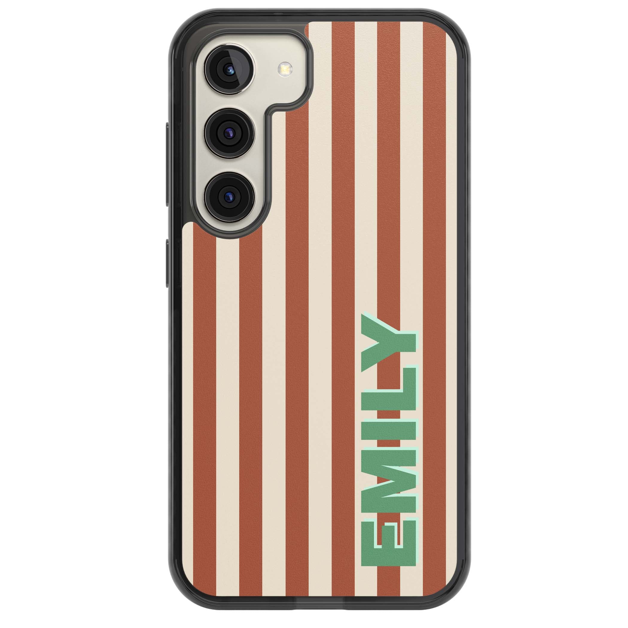 Dune Stripe personalised iPhone case with rust and cream vertical stripes and custom name in mint green | Black Impact case for Samsung Galaxy S24, Samsung Galaxy S23, Samsung Galaxy S22