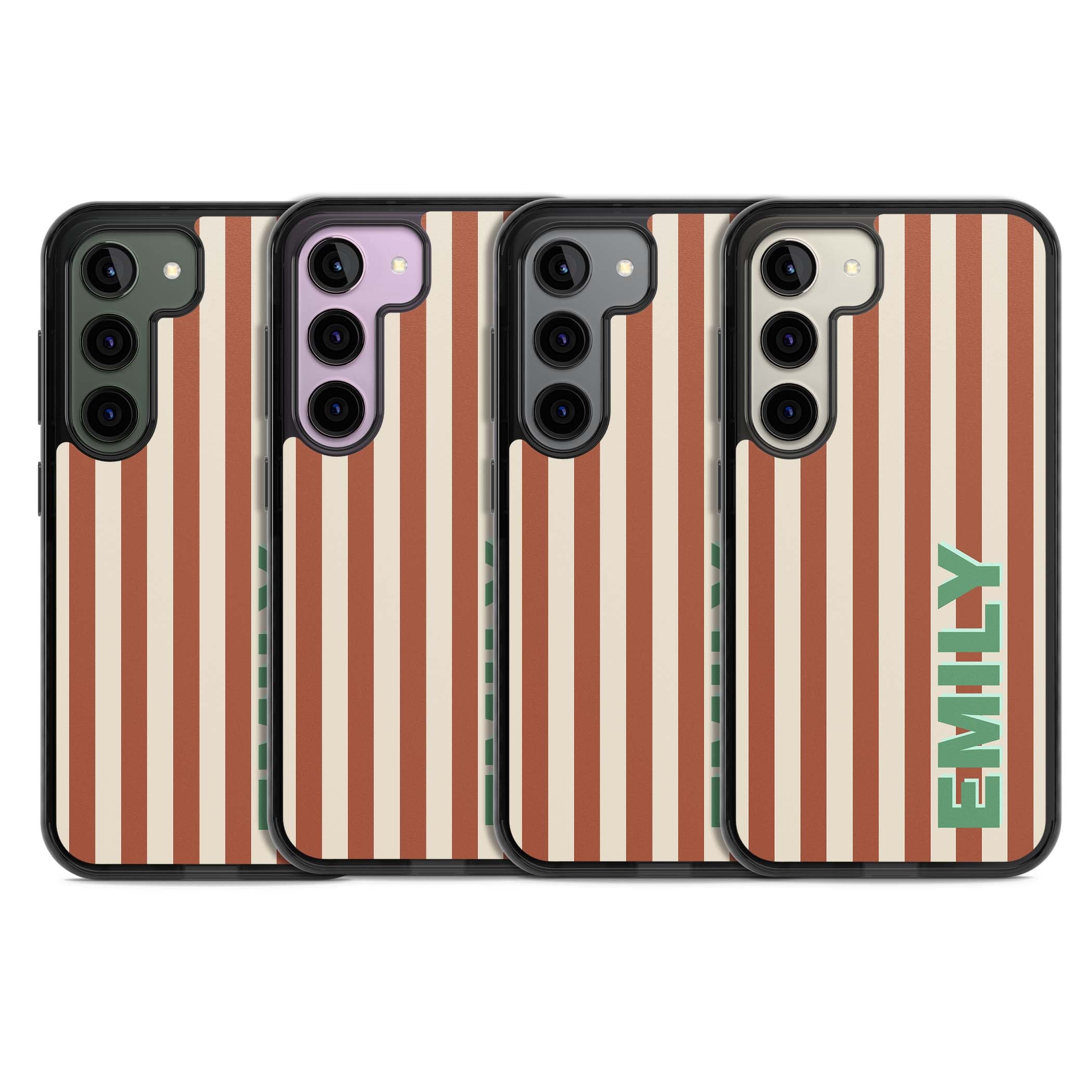 Dune Stripe personalised iPhone case with rust and cream vertical stripes and custom name in mint green | Black Impact case for Samsung Galaxy S24, Samsung Galaxy S23, Samsung Galaxy S22