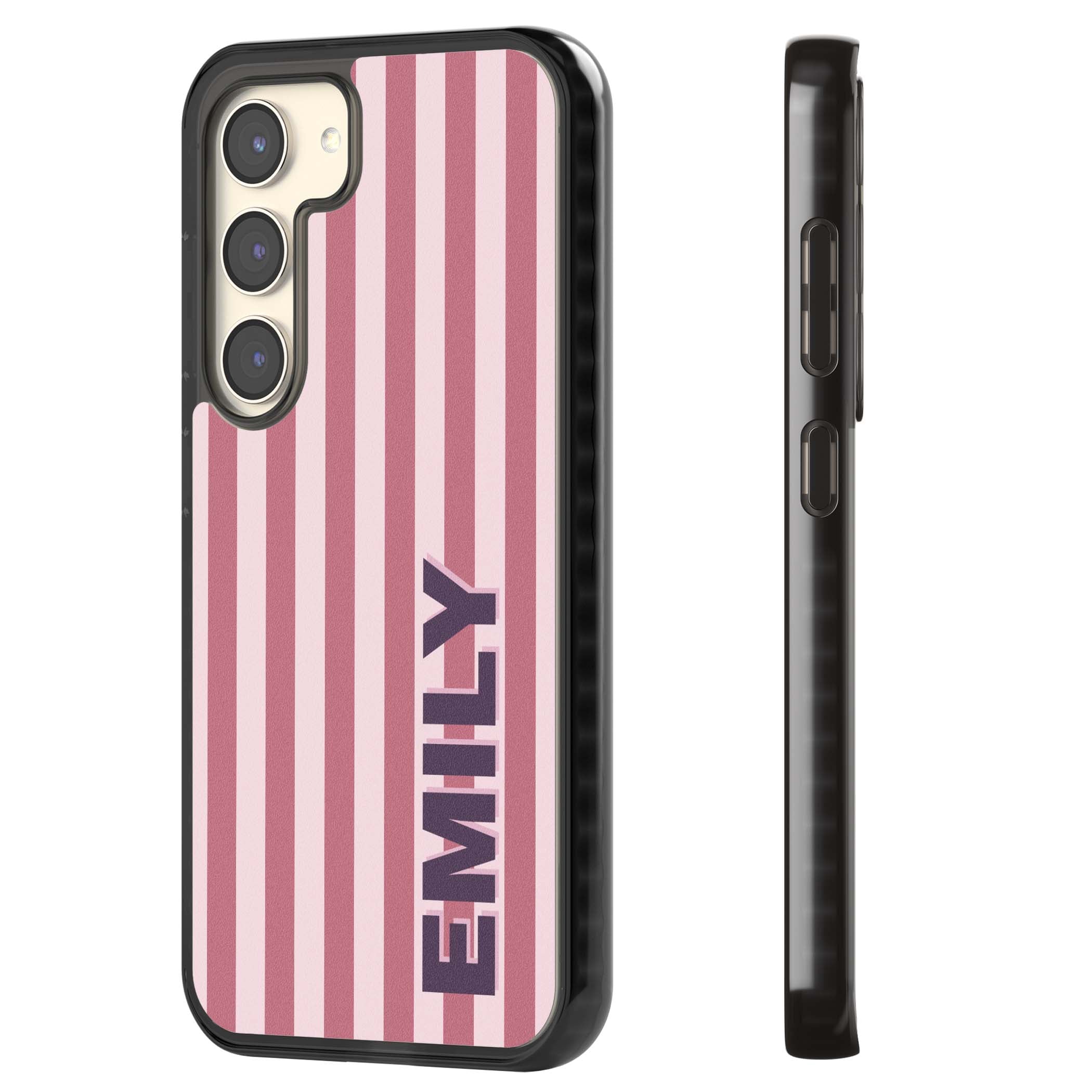 Victoria Stripe personalised iPhone case featuring pink vertical stripes and custom name in bold plum lettering | Black Impact case for Samsung Galaxy S24, Samsung Galaxy S23, Samsung Galaxy S22