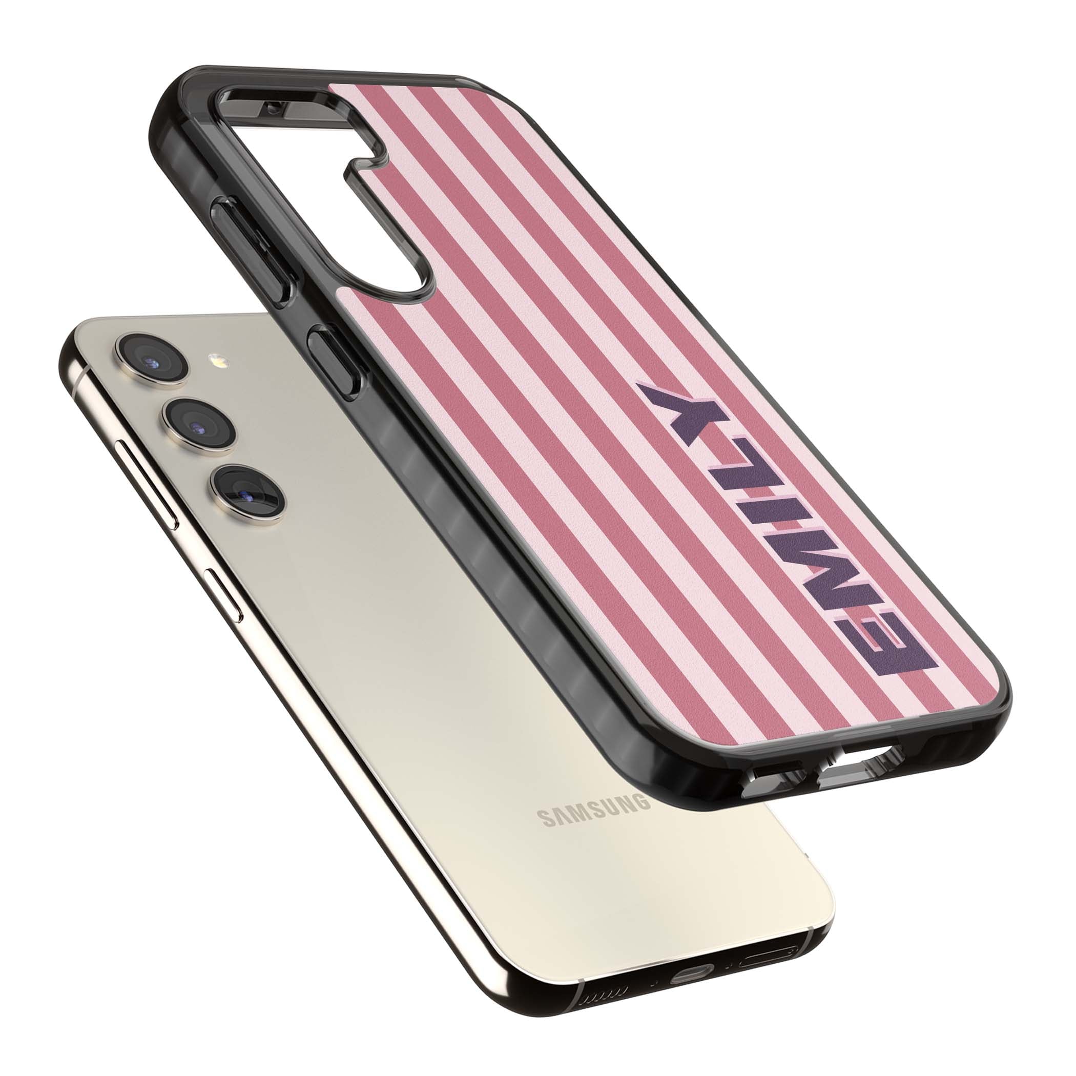 Victoria Stripe personalised iPhone case featuring pink vertical stripes and custom name in bold plum lettering | Black Impact case for Samsung Galaxy S24, Samsung Galaxy S23, Samsung Galaxy S22