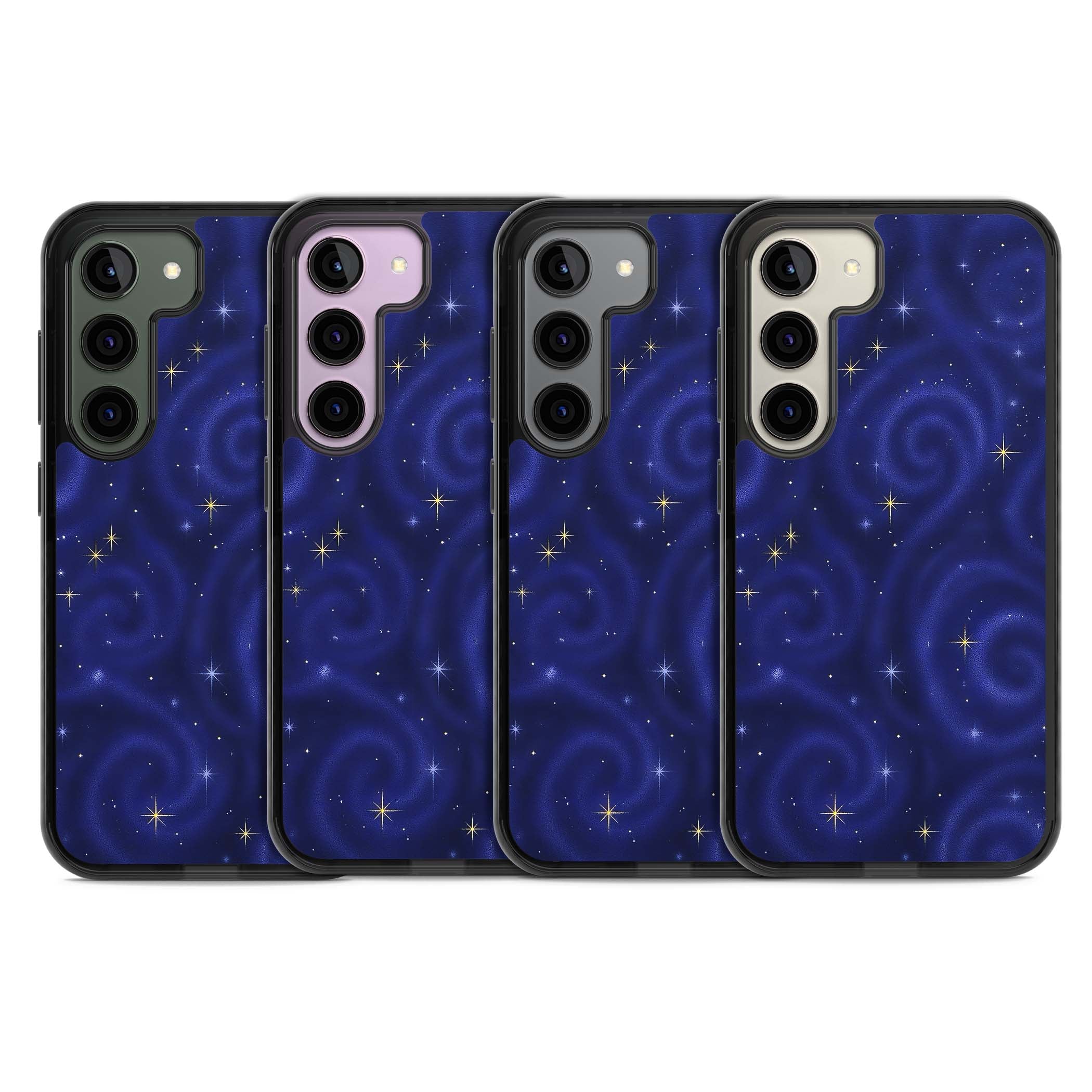 Indigo Cosmos celestial iPhone case featuring swirling navy night sky and sparkling golden stars | Black Impact case for Samsung Galaxy S24, Samsung Galaxy S23, Samsung Galaxy S22