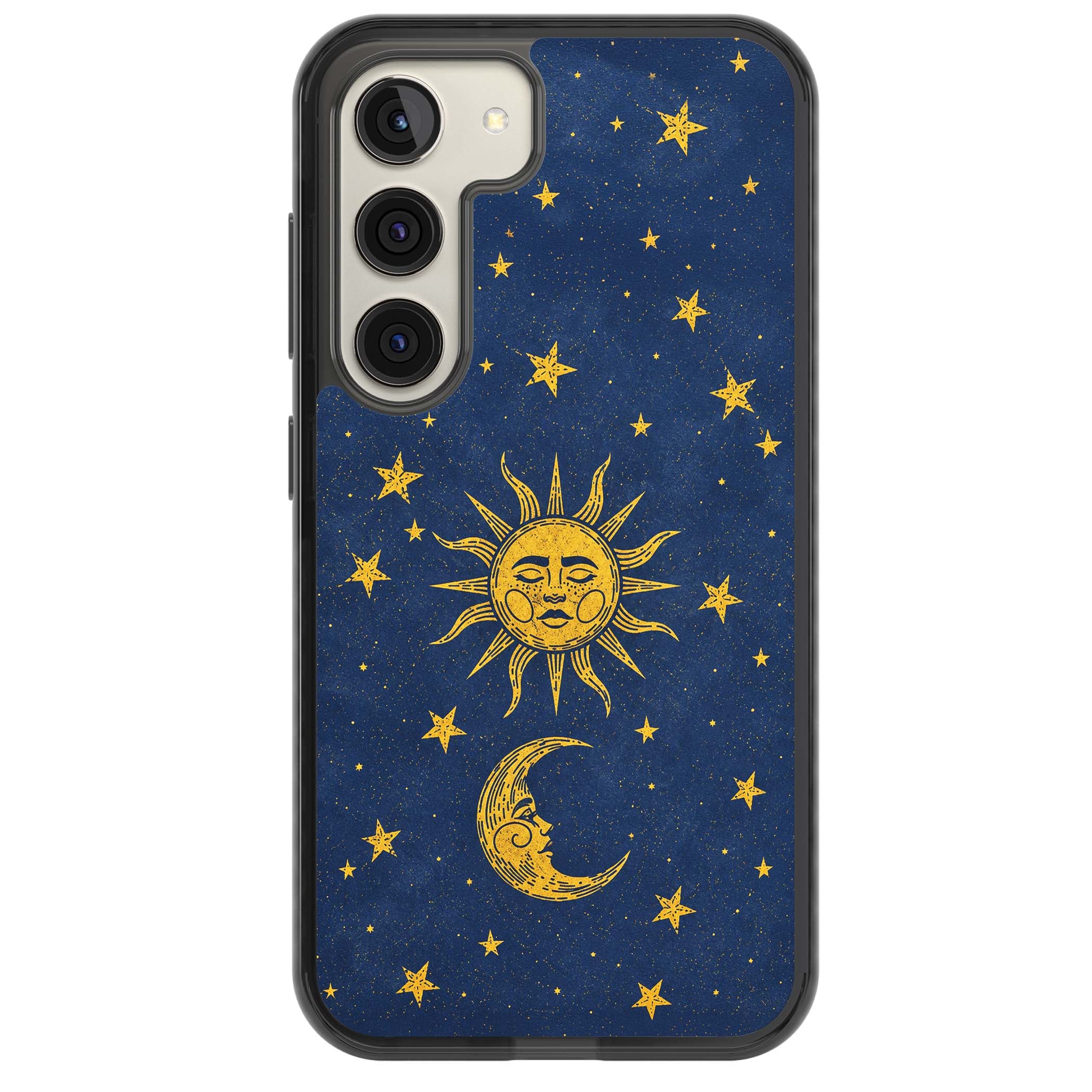 Sun & Moon Reverie celestial iPhone case featuring a vintage golden sun, crescent moon and scattered stars on midnight blue | Black Impact case for Samsung Galaxy S24, Samsung Galaxy S23, Samsung Galaxy S22