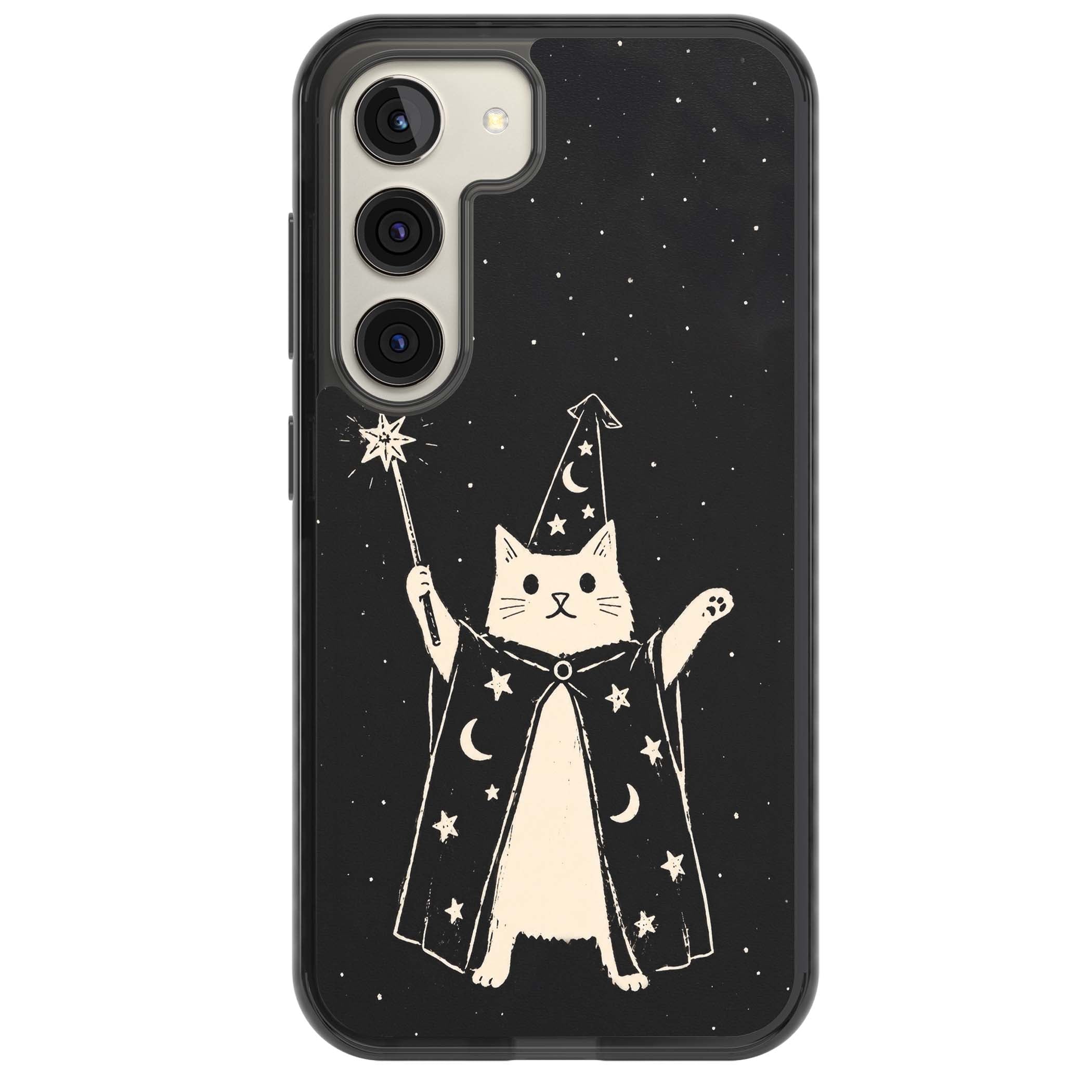 Whisker Wizard celestial cat iPhone case featuring a wizard cat with magic wand, starry night sky and crescent moons | Black Impact case for Samsung Galaxy S24, Samsung Galaxy S23, Samsung Galaxy S22