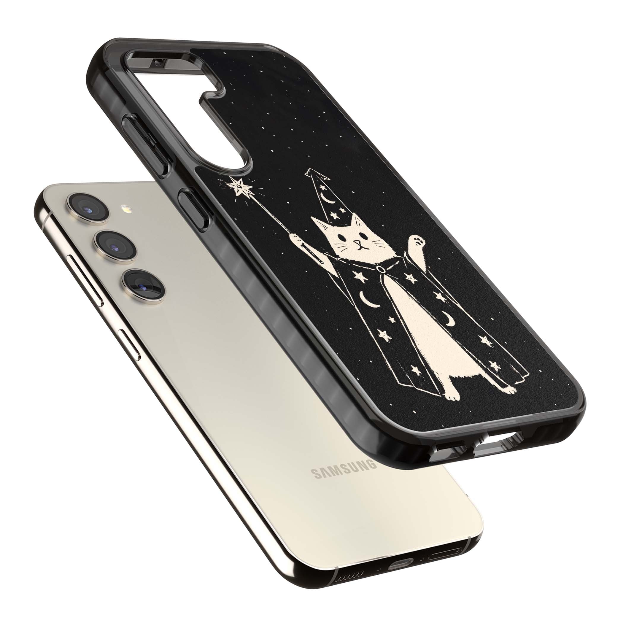 Whisker Wizard celestial cat iPhone case featuring a wizard cat with magic wand, starry night sky and crescent moons | Black Impact case for Samsung Galaxy S24, Samsung Galaxy S23, Samsung Galaxy S22