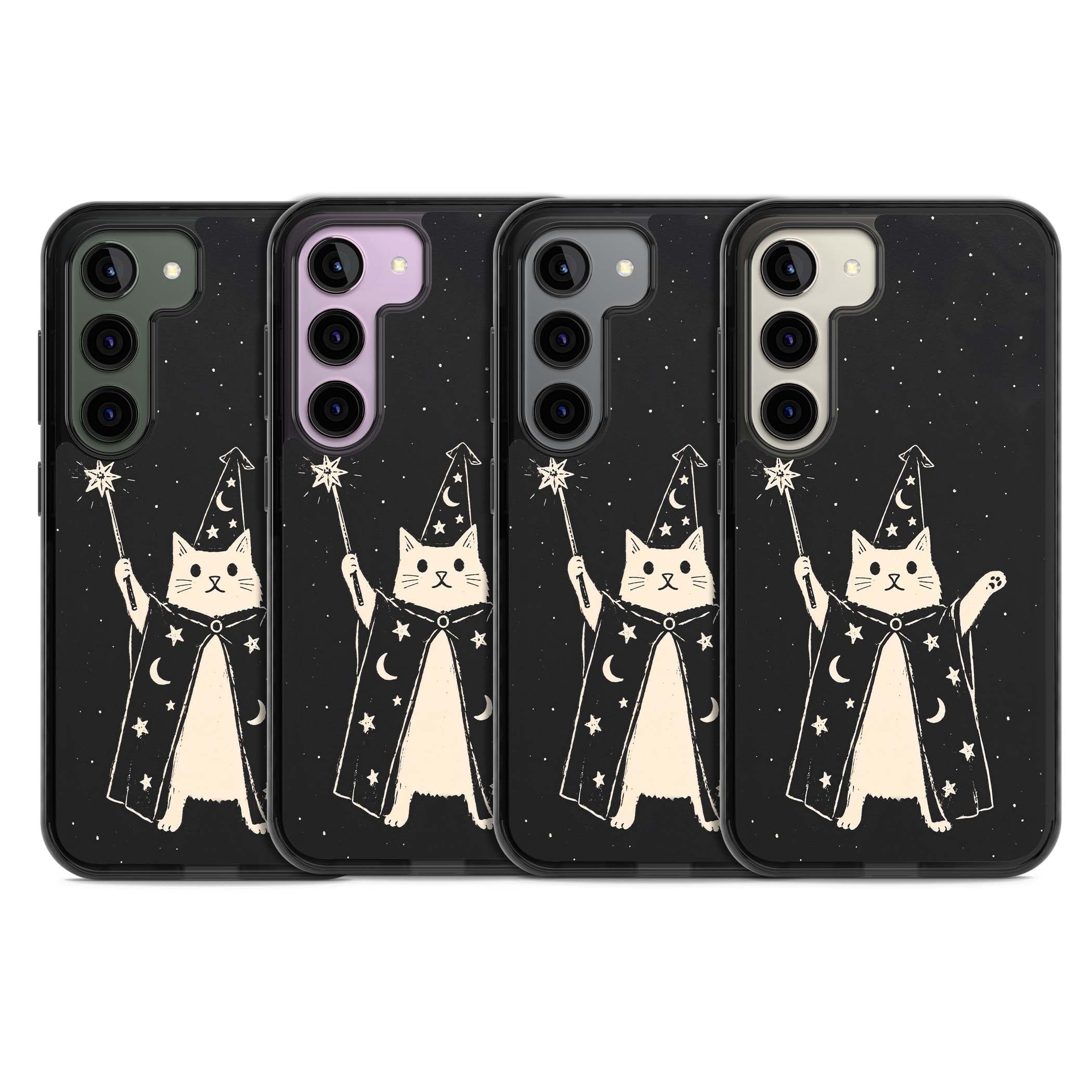 Whisker Wizard celestial cat iPhone case featuring a wizard cat with magic wand, starry night sky and crescent moons | Black Impact case for Samsung Galaxy S24, Samsung Galaxy S23, Samsung Galaxy S22