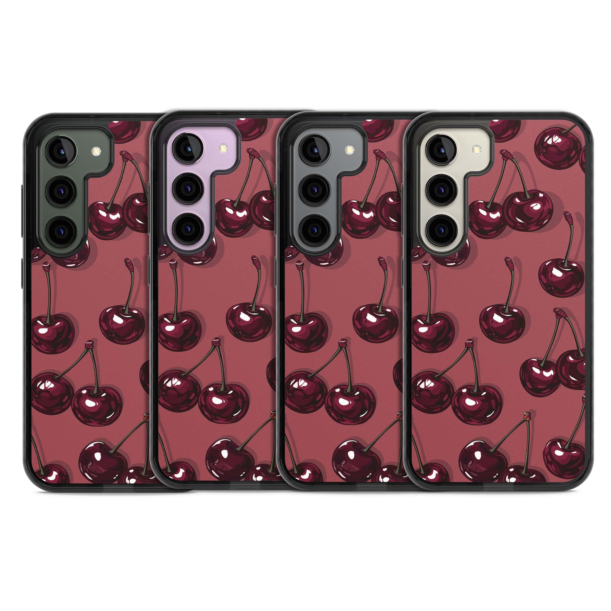 Cherry Rebel coquette iPhone case featuring glossy burgundy cherries on a dusty rose background | Black Impact case for Samsung Galaxy S24, Samsung Galaxy S23, Samsung Galaxy S22