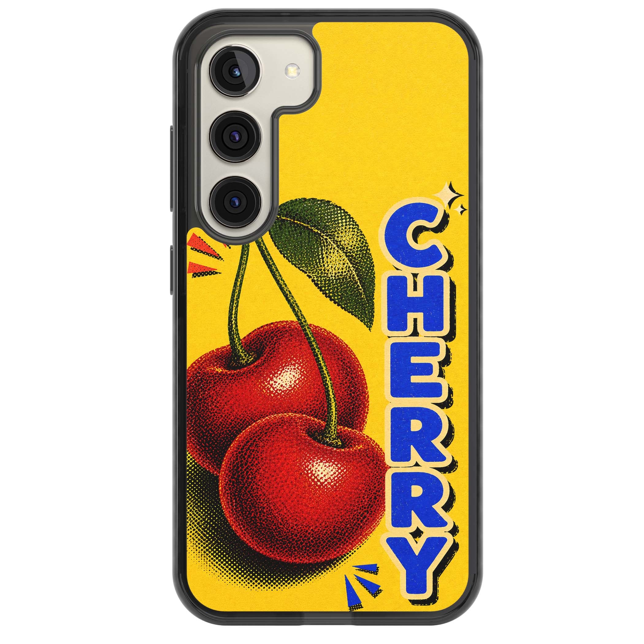 Cherry Yellow y2k iPhone case featuring two red cherries, halftone shading and bold blue CHERRY lettering on yellow | Black Impact case for Samsung Galaxy S24, Samsung Galaxy S23, Samsung Galaxy S22