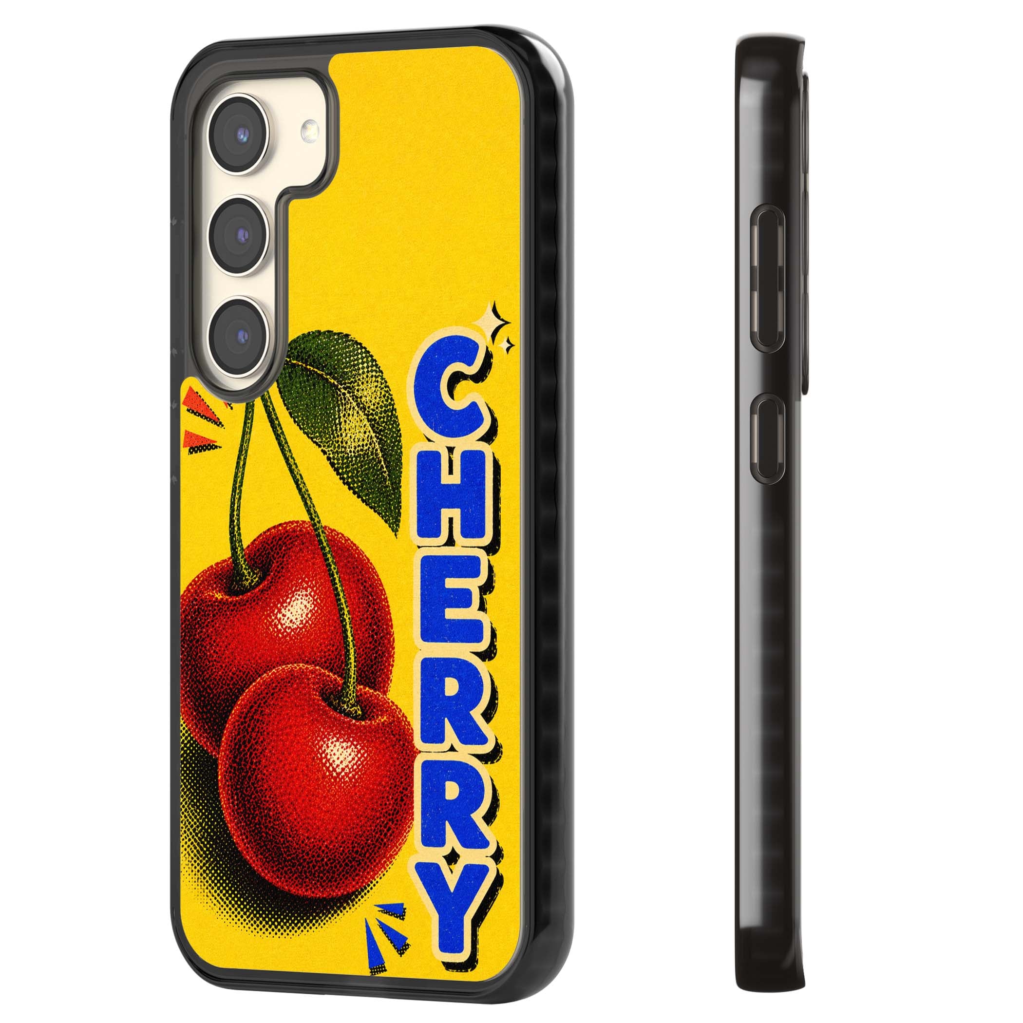 Cherry Yellow y2k iPhone case featuring two red cherries, halftone shading and bold blue CHERRY lettering on yellow | Black Impact case for Samsung Galaxy S24, Samsung Galaxy S23, Samsung Galaxy S22