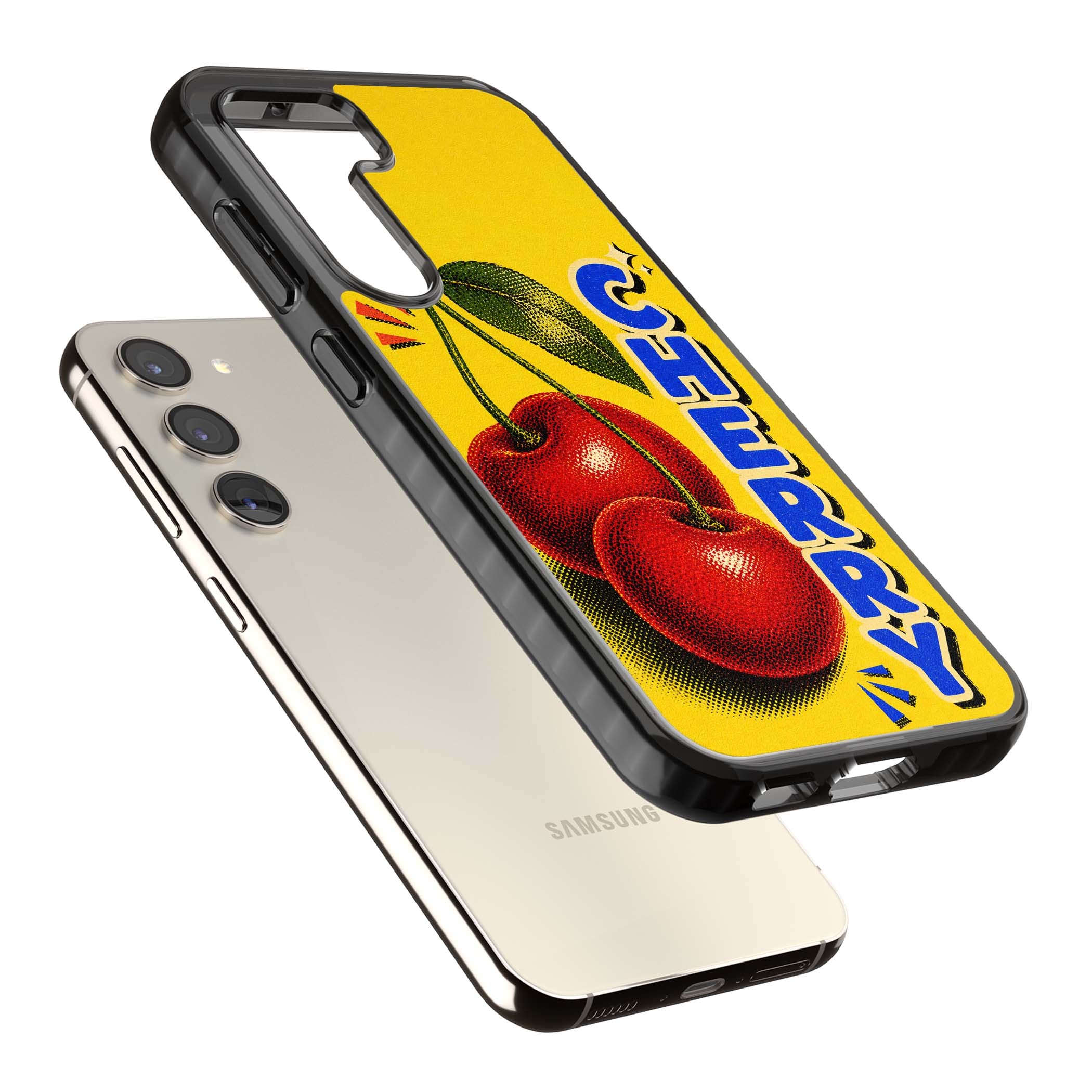 Cherry Yellow y2k iPhone case featuring two red cherries, halftone shading and bold blue CHERRY lettering on yellow | Black Impact case for Samsung Galaxy S24, Samsung Galaxy S23, Samsung Galaxy S22