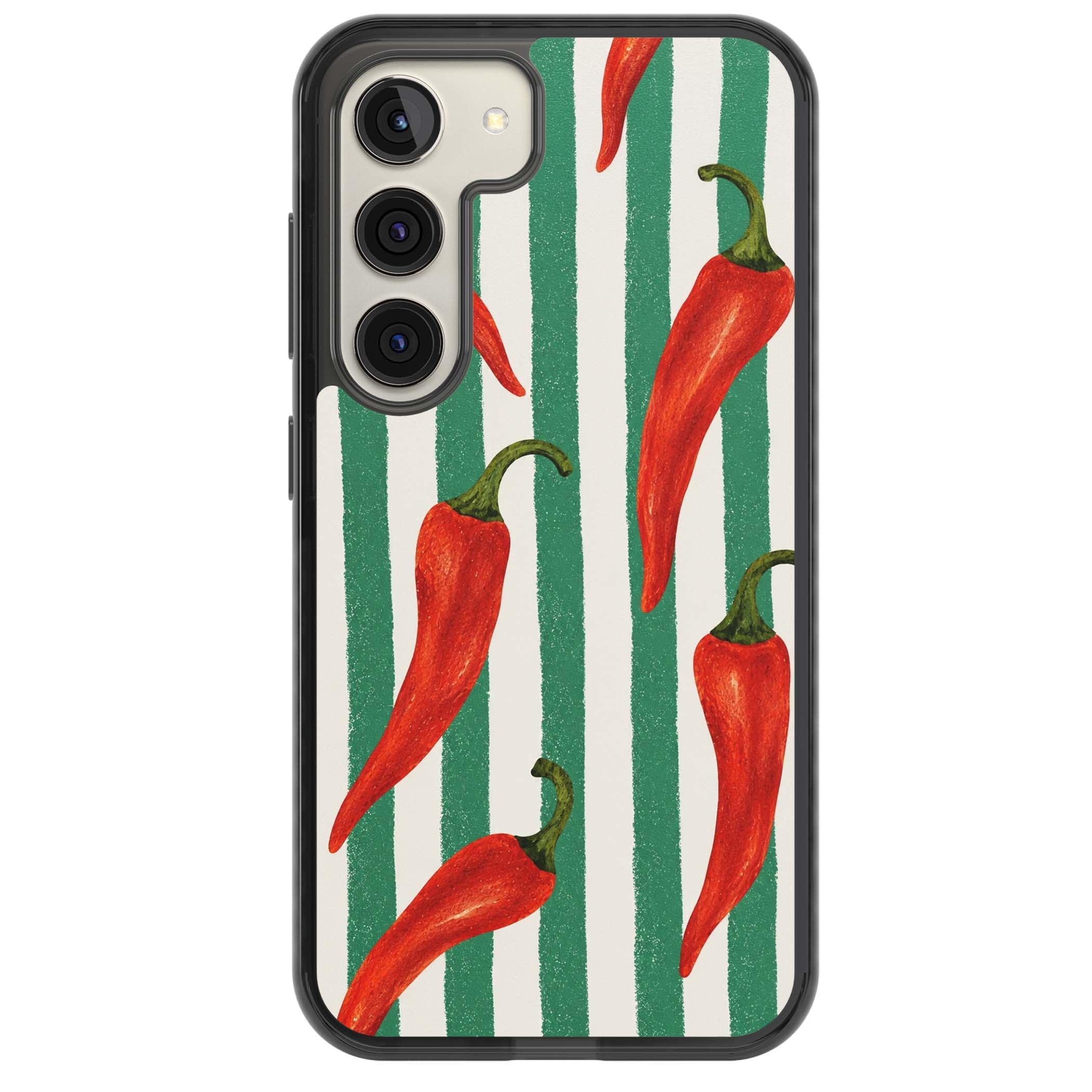 Striped Chillis coastal iPhone case featuring hand-painted red chili peppers on green and cream stripes | Black Impact case for Samsung Galaxy S24, Samsung Galaxy S23, Samsung Galaxy S22