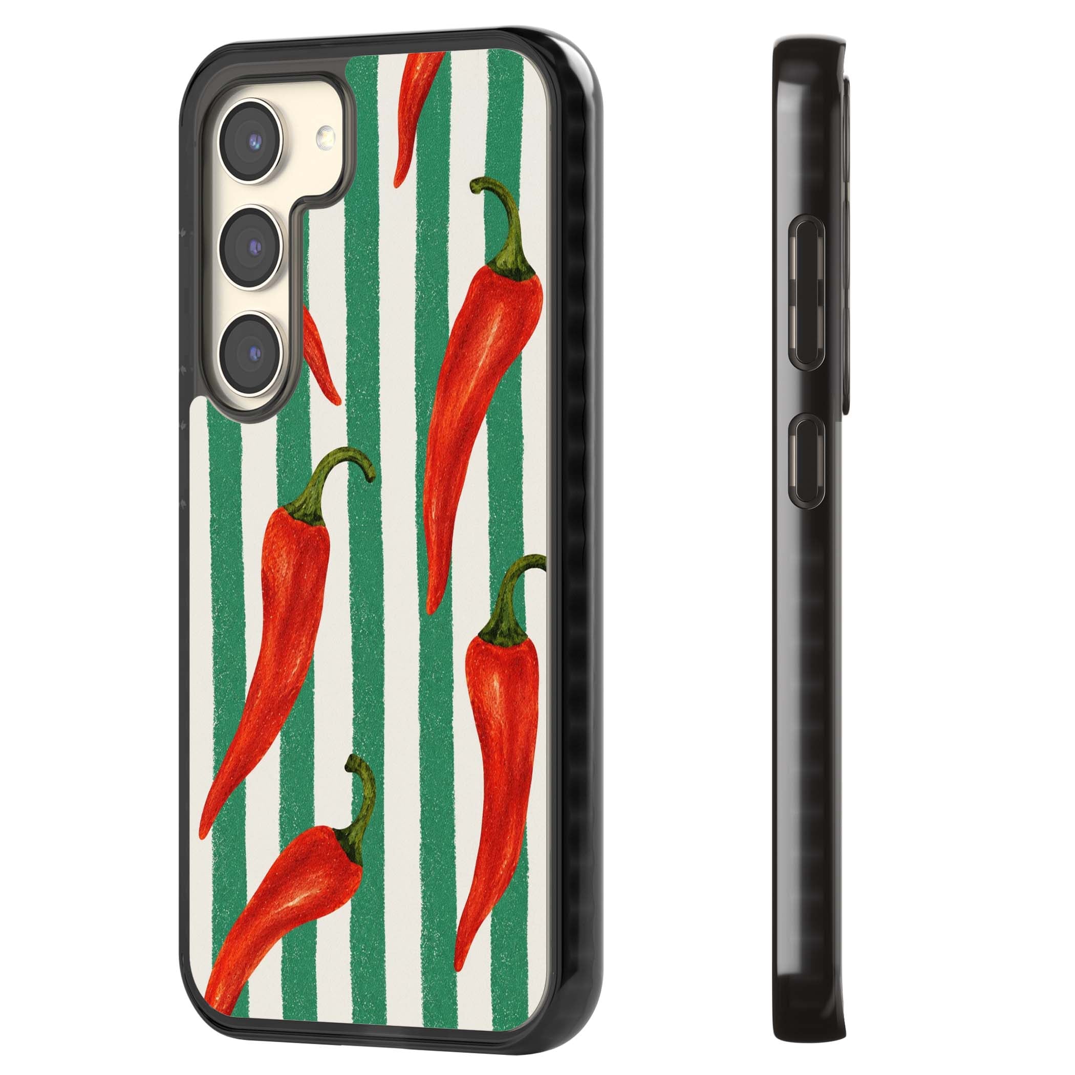 Striped Chillis coastal iPhone case featuring hand-painted red chili peppers on green and cream stripes | Black Impact case for Samsung Galaxy S24, Samsung Galaxy S23, Samsung Galaxy S22