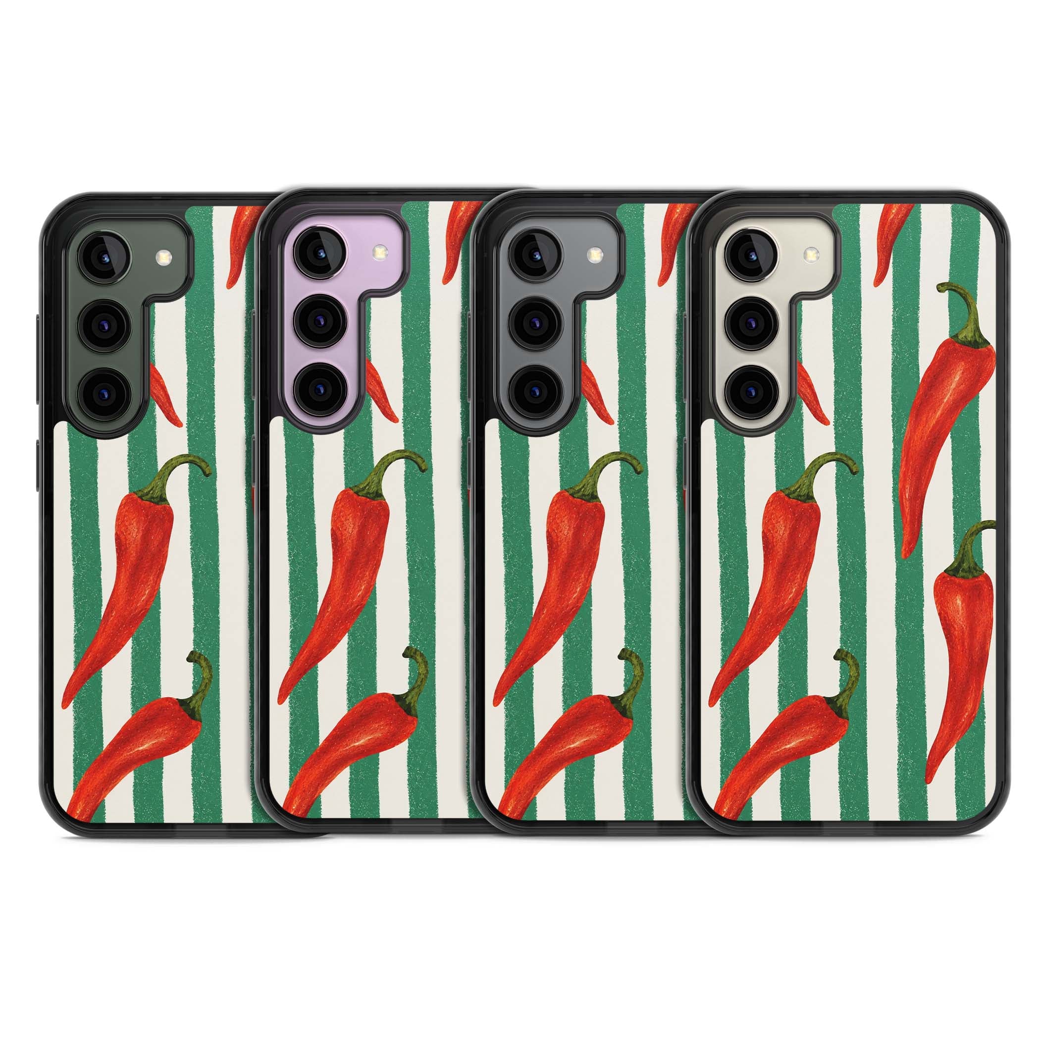 Striped Chillis coastal iPhone case featuring hand-painted red chili peppers on green and cream stripes | Black Impact case for Samsung Galaxy S24, Samsung Galaxy S23, Samsung Galaxy S22