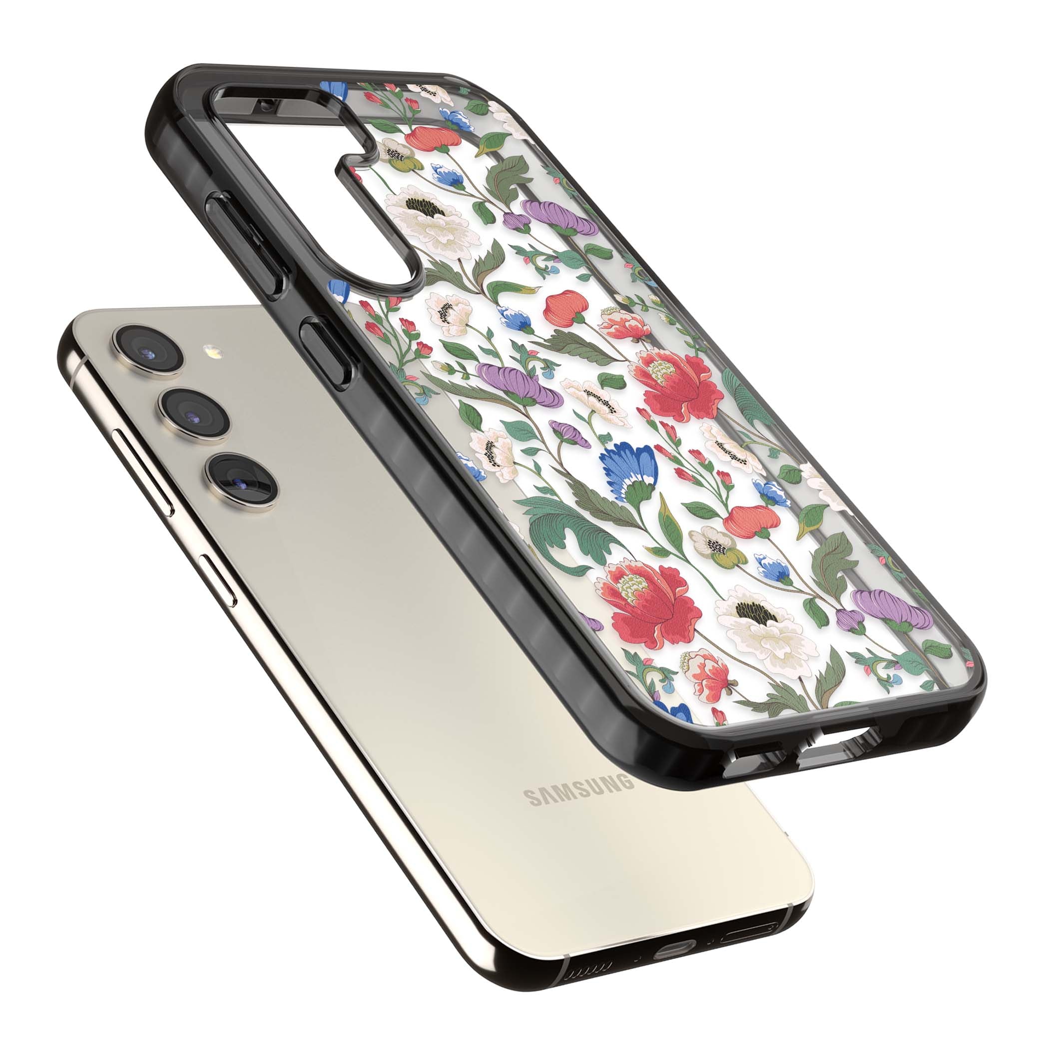 Chinoiserie Bloom vintage floral iPhone case featuring hand-painted peonies, poppies and trailing wildflowers on clear... | Black Impact case for Samsung Galaxy S24, Samsung Galaxy S23, Samsung Galaxy S22