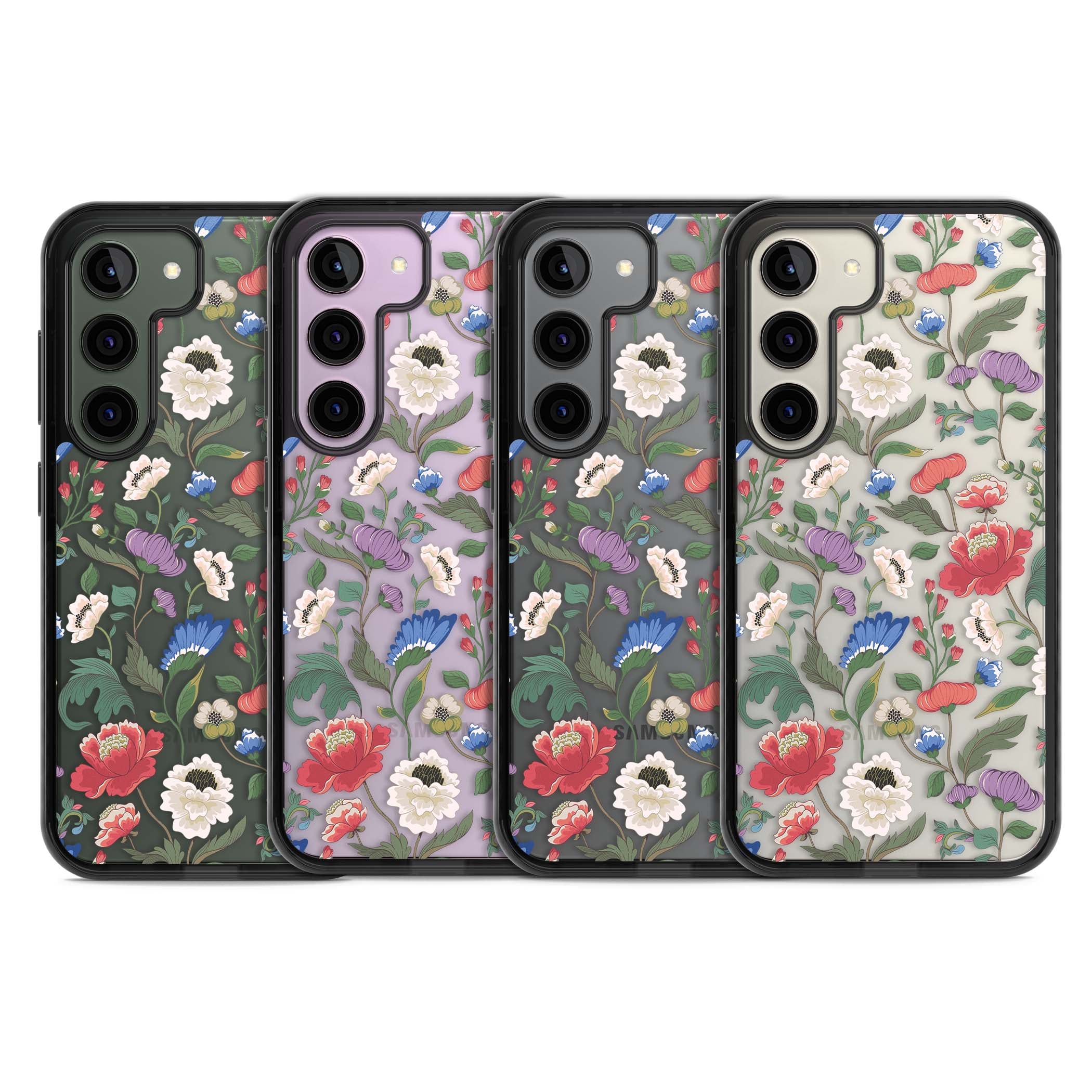 Chinoiserie Bloom vintage floral iPhone case featuring hand-painted peonies, poppies and trailing wildflowers on clear... | Black Impact case for Samsung Galaxy S24, Samsung Galaxy S23, Samsung Galaxy S22