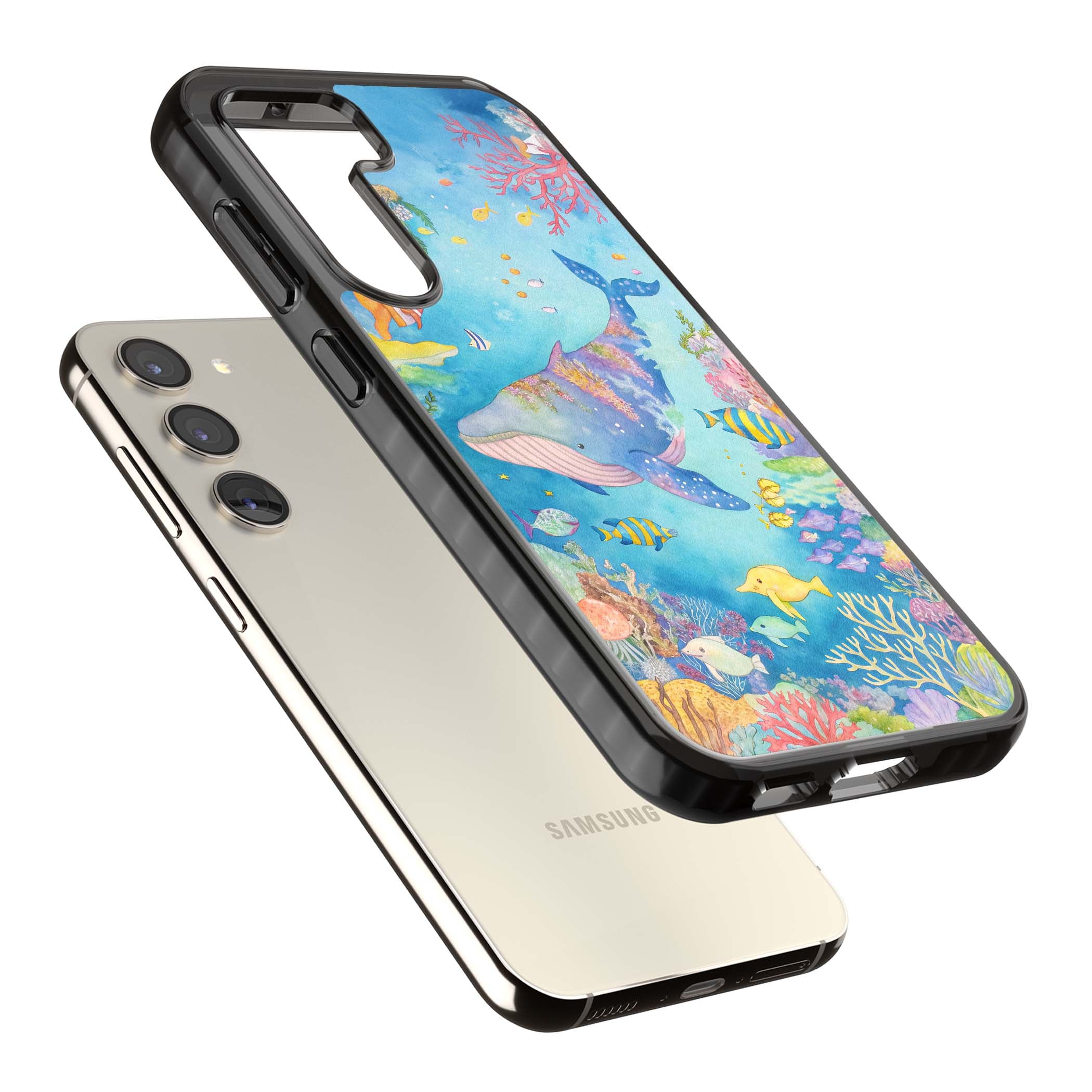 Coral Lagoon ocean iPhone case featuring a watercolour whale, coral reef and tropical fish | Black Impact case for Samsung Galaxy S24, Samsung Galaxy S23, Samsung Galaxy S22
