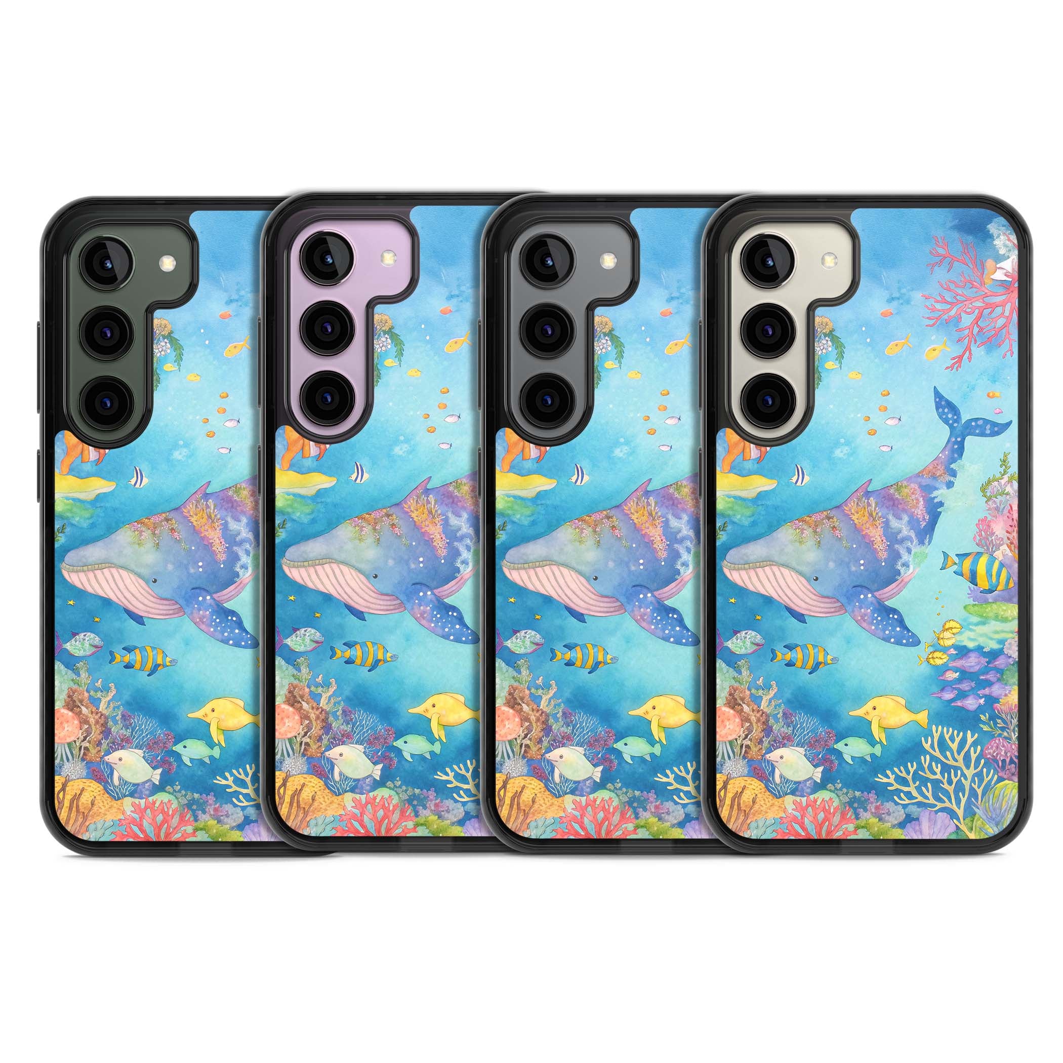 Coral Lagoon ocean iPhone case featuring a watercolour whale, coral reef and tropical fish | Black Impact case for Samsung Galaxy S24, Samsung Galaxy S23, Samsung Galaxy S22