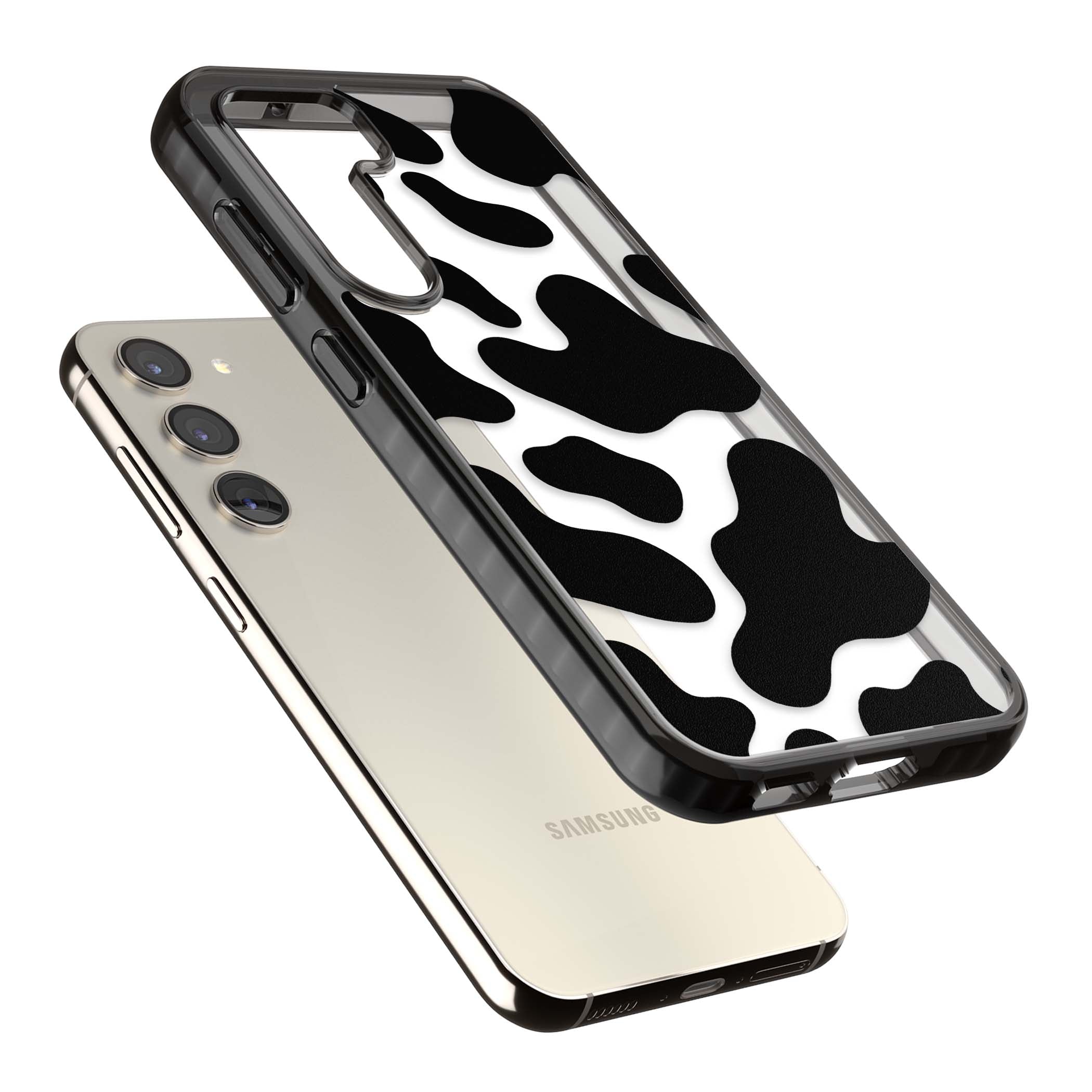 Clear Cow Print cow print iPhone case featuring black and white cow pattern splotches on a clear background | Black Impact case for Samsung Galaxy S24, Samsung Galaxy S23, Samsung Galaxy S22