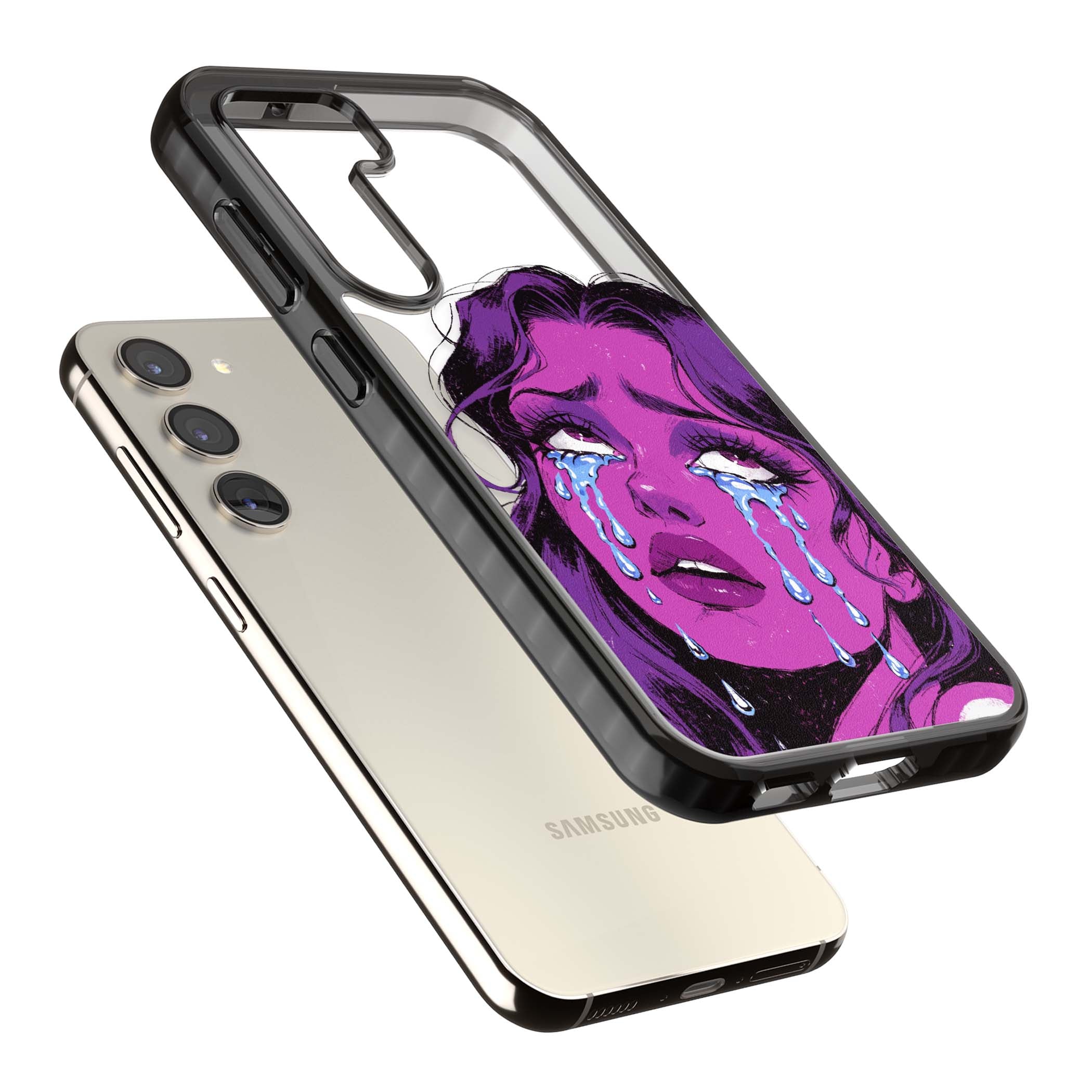Drama Queen pop art iPhone case featuring a purple crying comic girl with blue tears | Black Impact case for Samsung Galaxy S24, Samsung Galaxy S23, Samsung Galaxy S22