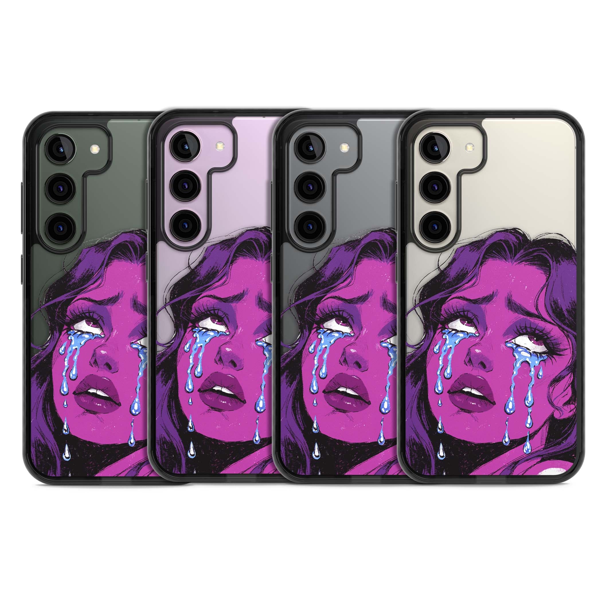 Drama Queen pop art iPhone case featuring a purple crying comic girl with blue tears | Black Impact case for Samsung Galaxy S24, Samsung Galaxy S23, Samsung Galaxy S22