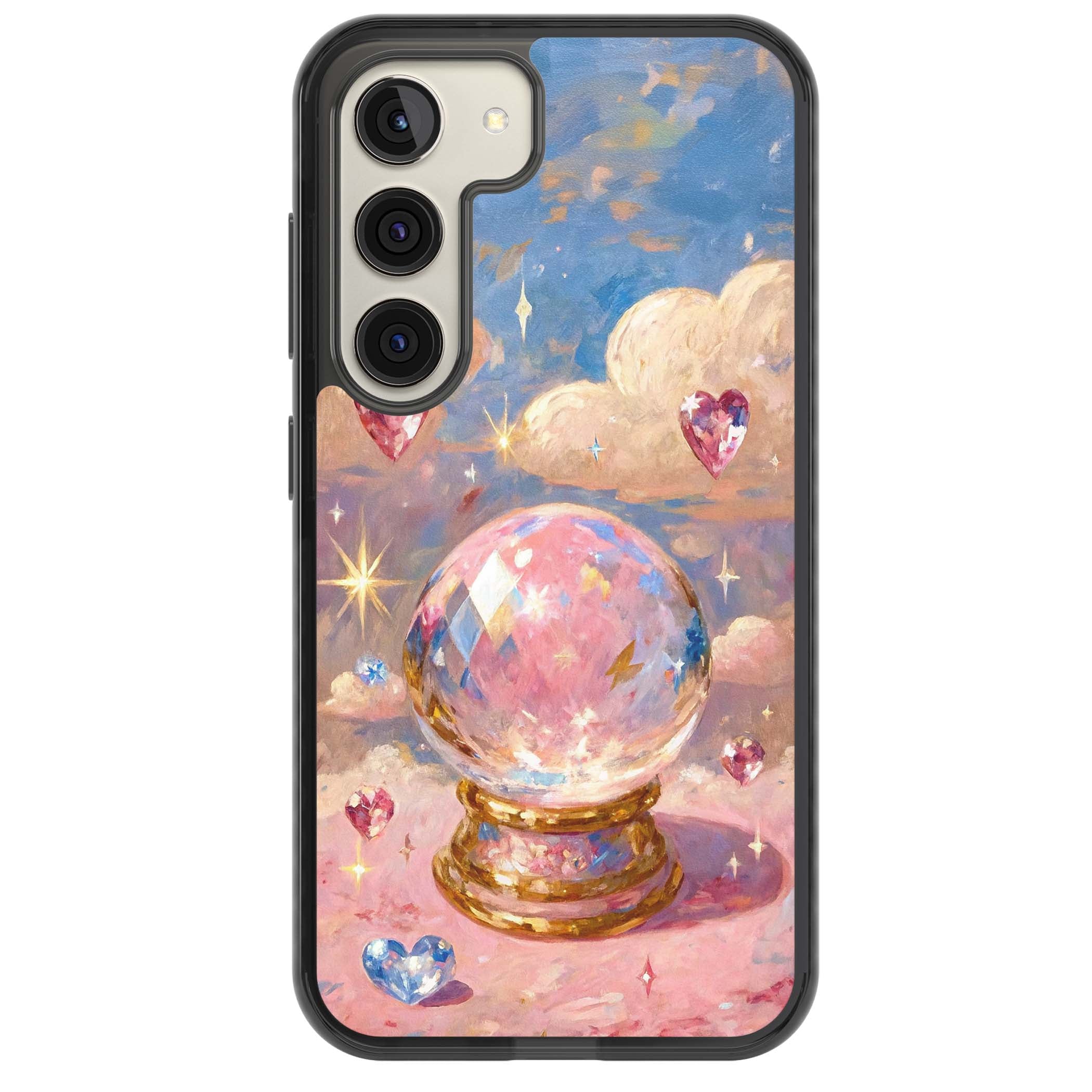 Crystal Ball fairycore iPhone case featuring a painted crystal ball, heart gemstones, and pastel clouds | Black Impact case for Samsung Galaxy S24, Samsung Galaxy S23, Samsung Galaxy S22