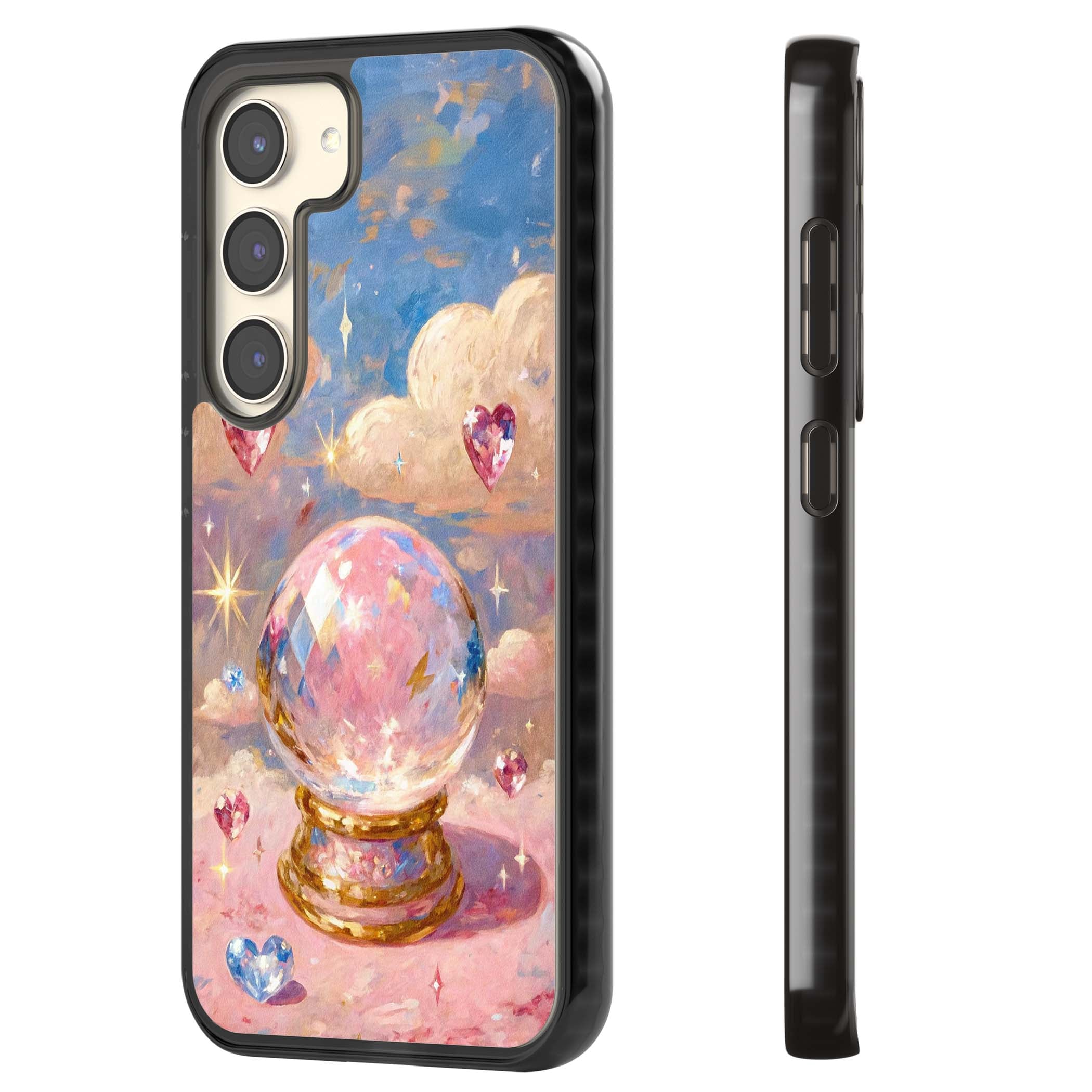 Crystal Ball fairycore iPhone case featuring a painted crystal ball, heart gemstones, and pastel clouds | Black Impact case for Samsung Galaxy S24, Samsung Galaxy S23, Samsung Galaxy S22