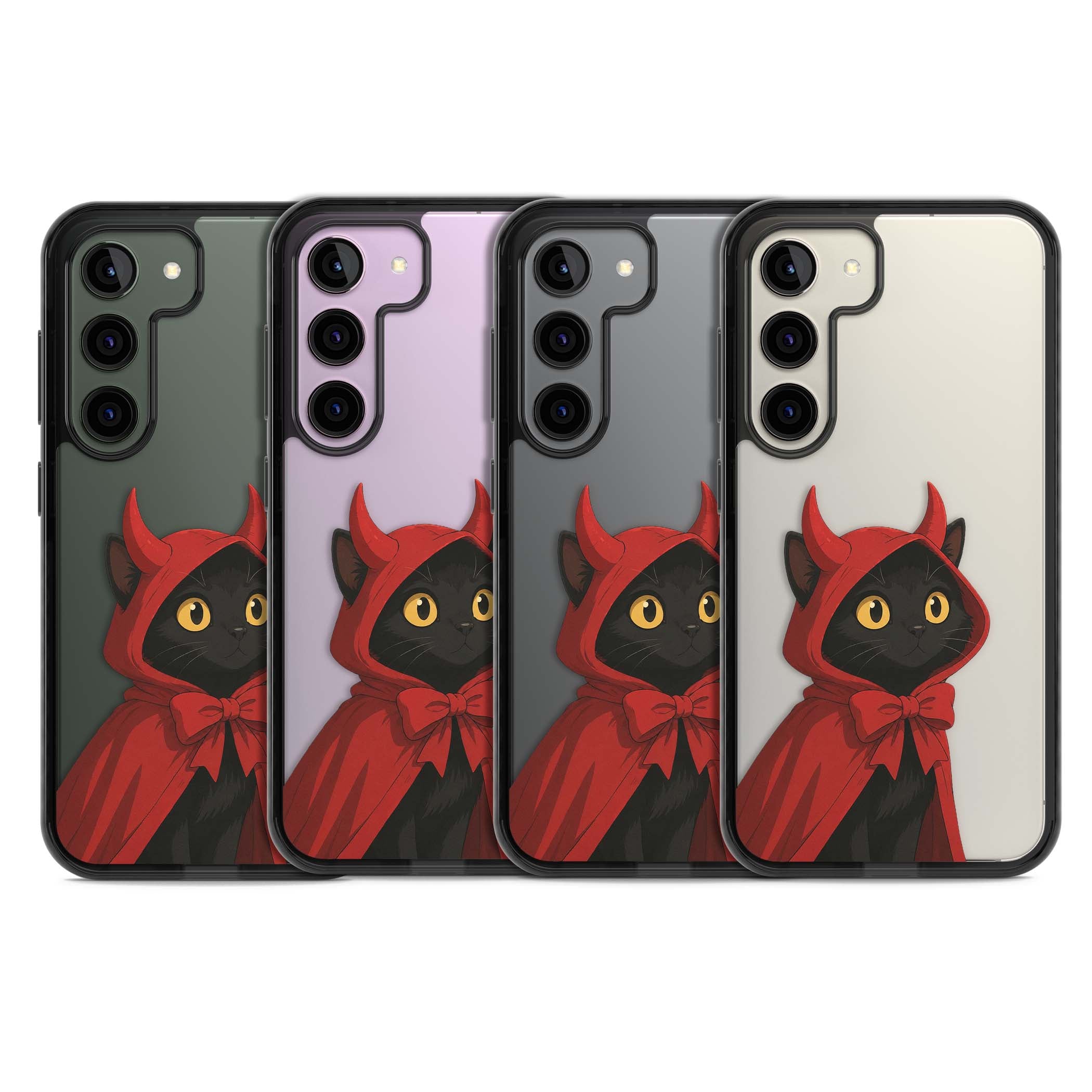 Little Devil halloween iPhone case featuring a black cat in a red hooded devil cloak with horns and golden eyes | Black Impact case for Samsung Galaxy S24, Samsung Galaxy S23, Samsung Galaxy S22