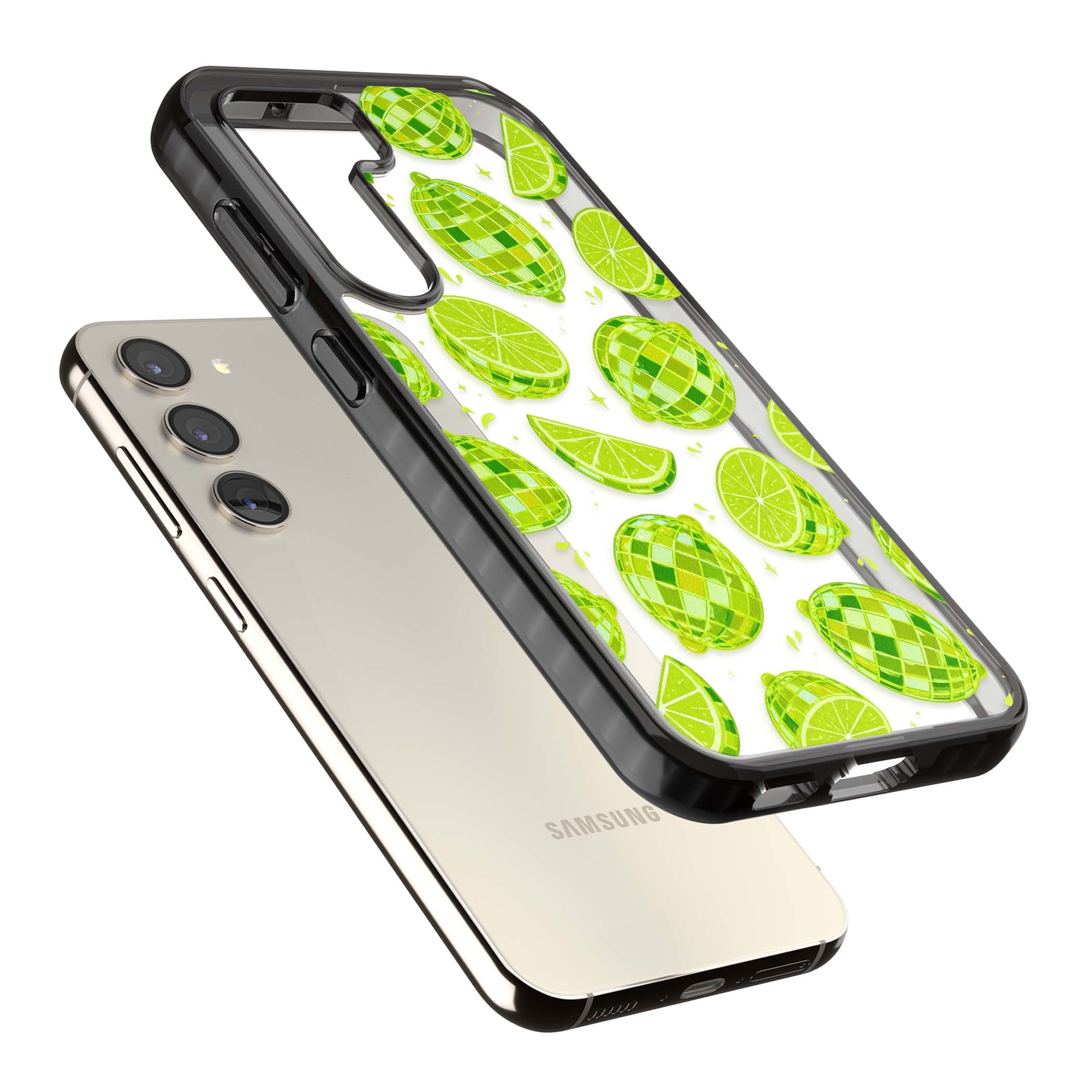Disco Limes fruit aesthetic iPhone case featuring green disco balls, lime slices and citrus sparkles | Black Impact case for Samsung Galaxy S24, Samsung Galaxy S23, Samsung Galaxy S22