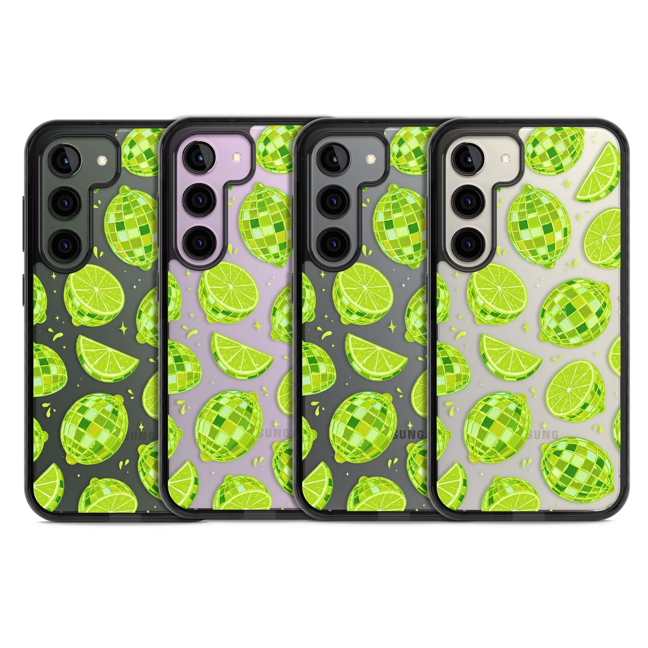 Disco Limes fruit aesthetic iPhone case featuring green disco balls, lime slices and citrus sparkles | Black Impact case for Samsung Galaxy S24, Samsung Galaxy S23, Samsung Galaxy S22
