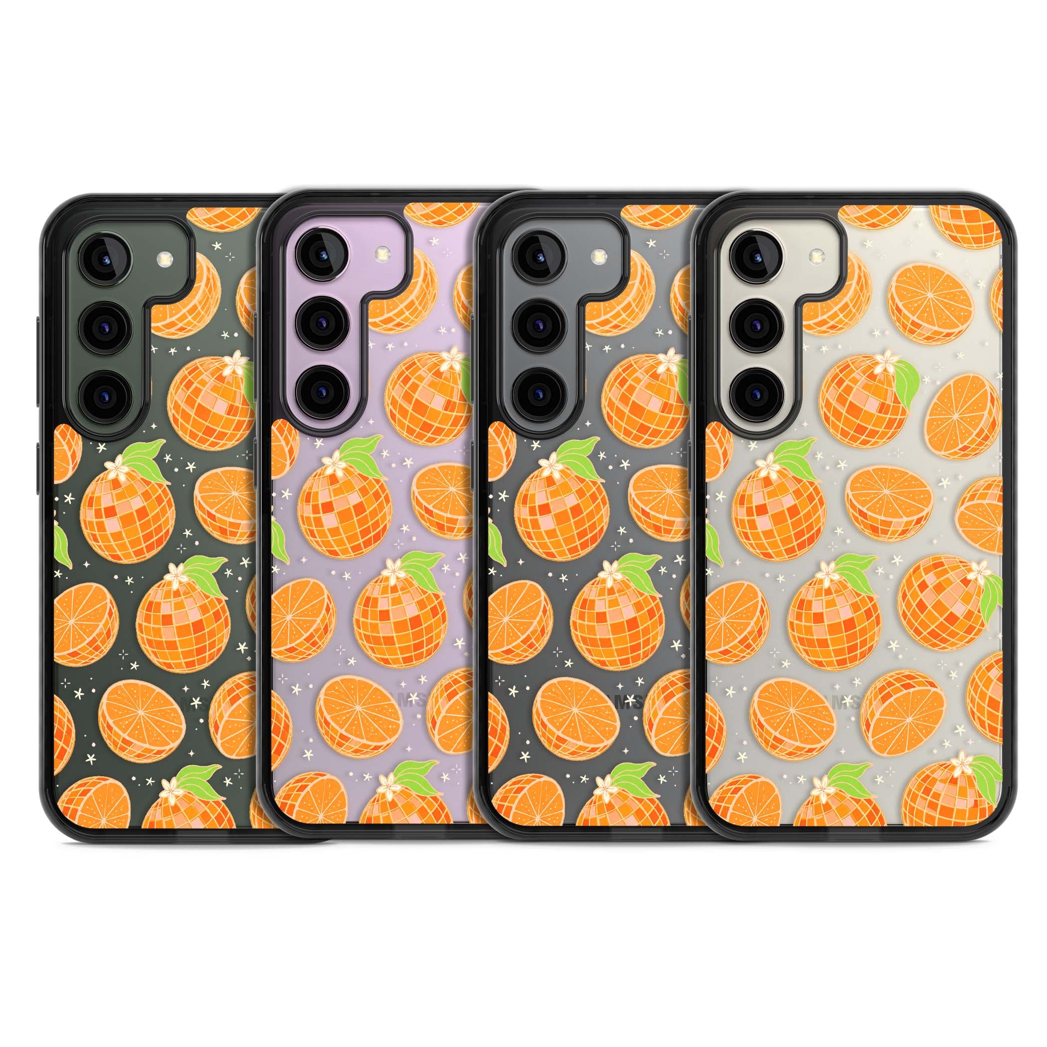 Disco Oranges retro iPhone case featuring mirrorball oranges, citrus slices and tiny blossoms on clear | Black Impact case for Samsung Galaxy S24, Samsung Galaxy S23, Samsung Galaxy S22