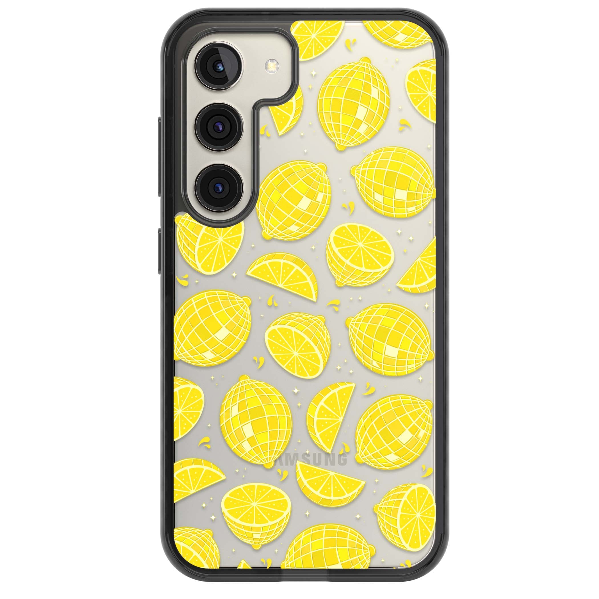 Disco Lemons citrus iPhone case featuring mirrorball lemons, sliced fruit and sparkle accents | Black Impact case for Samsung Galaxy S24, Samsung Galaxy S23, Samsung Galaxy S22