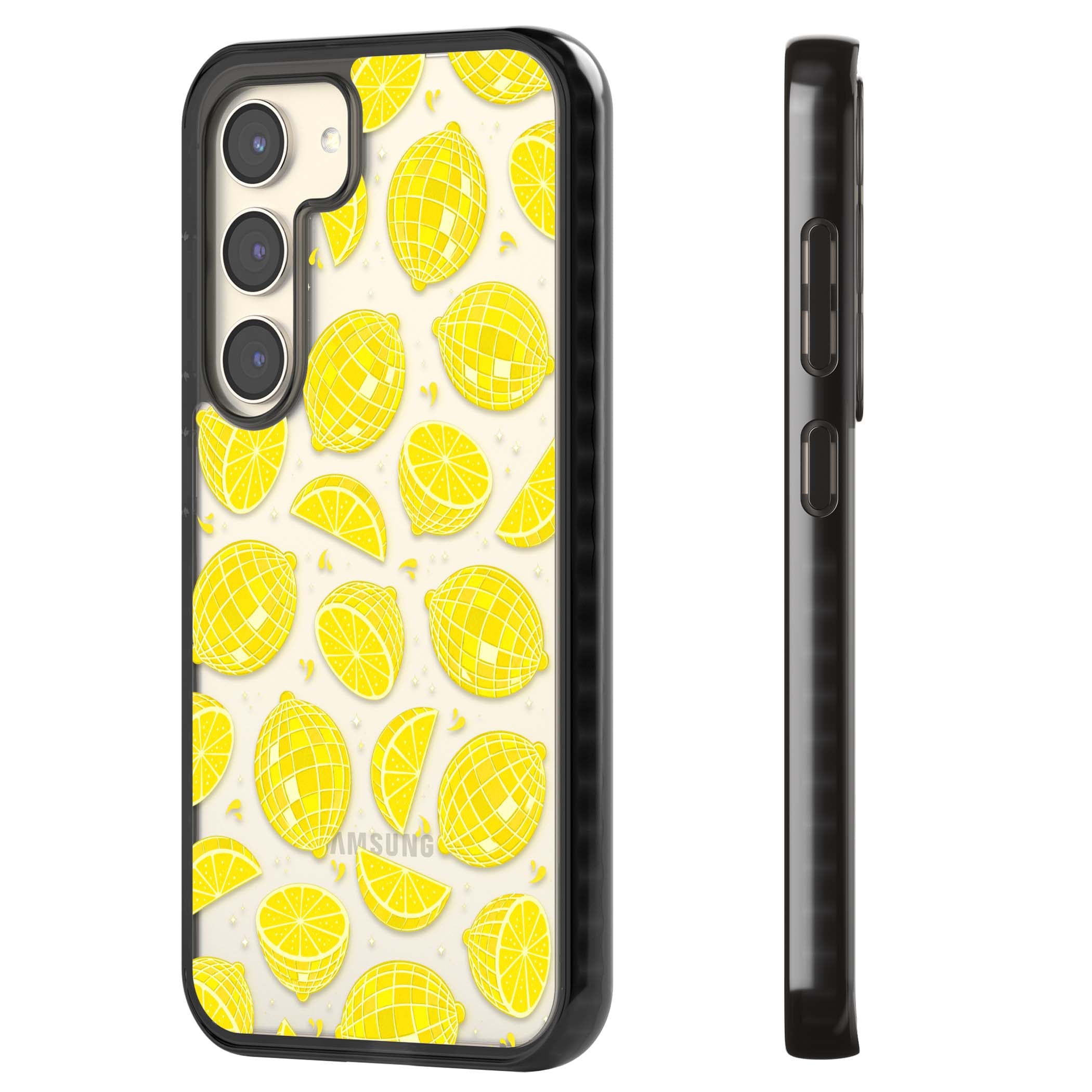 Disco Lemons citrus iPhone case featuring mirrorball lemons, sliced fruit and sparkle accents | Black Impact case for Samsung Galaxy S24, Samsung Galaxy S23, Samsung Galaxy S22