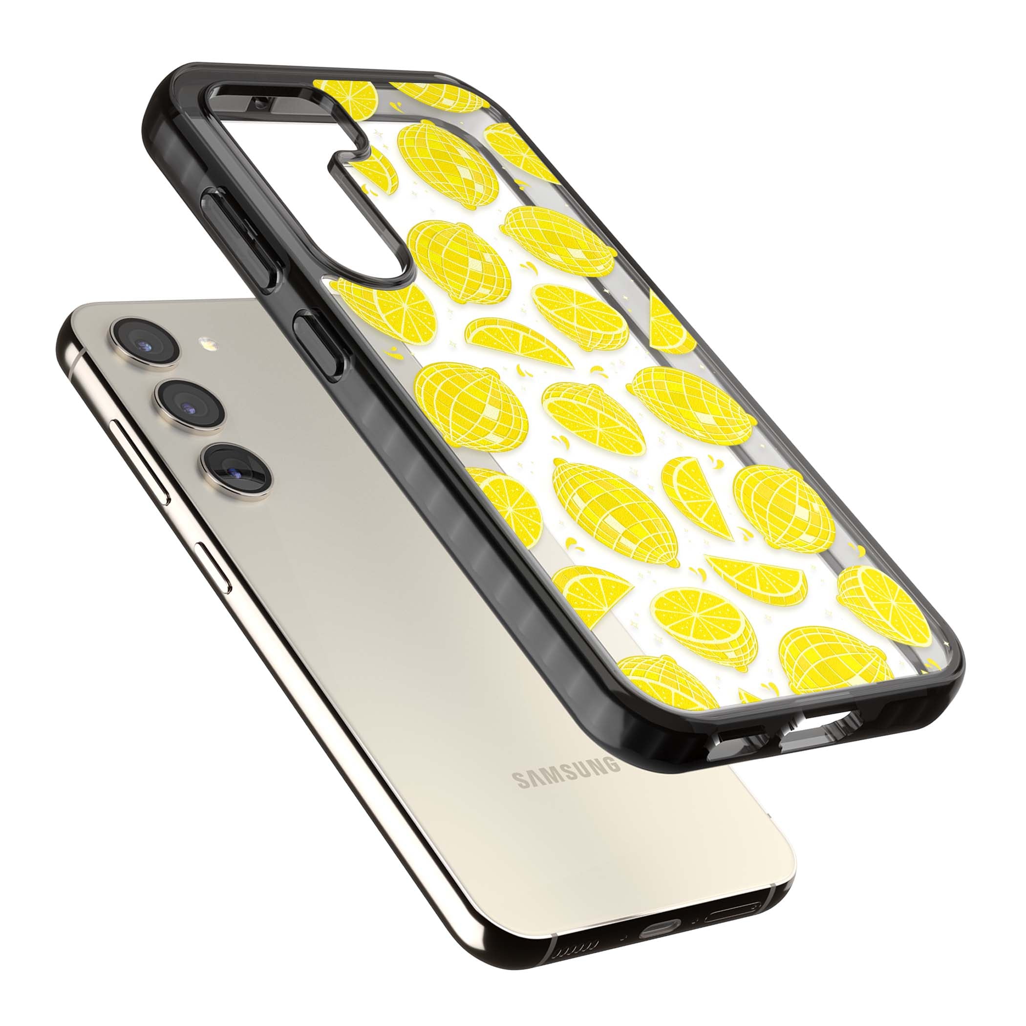 Disco Lemons citrus iPhone case featuring mirrorball lemons, sliced fruit and sparkle accents | Black Impact case for Samsung Galaxy S24, Samsung Galaxy S23, Samsung Galaxy S22