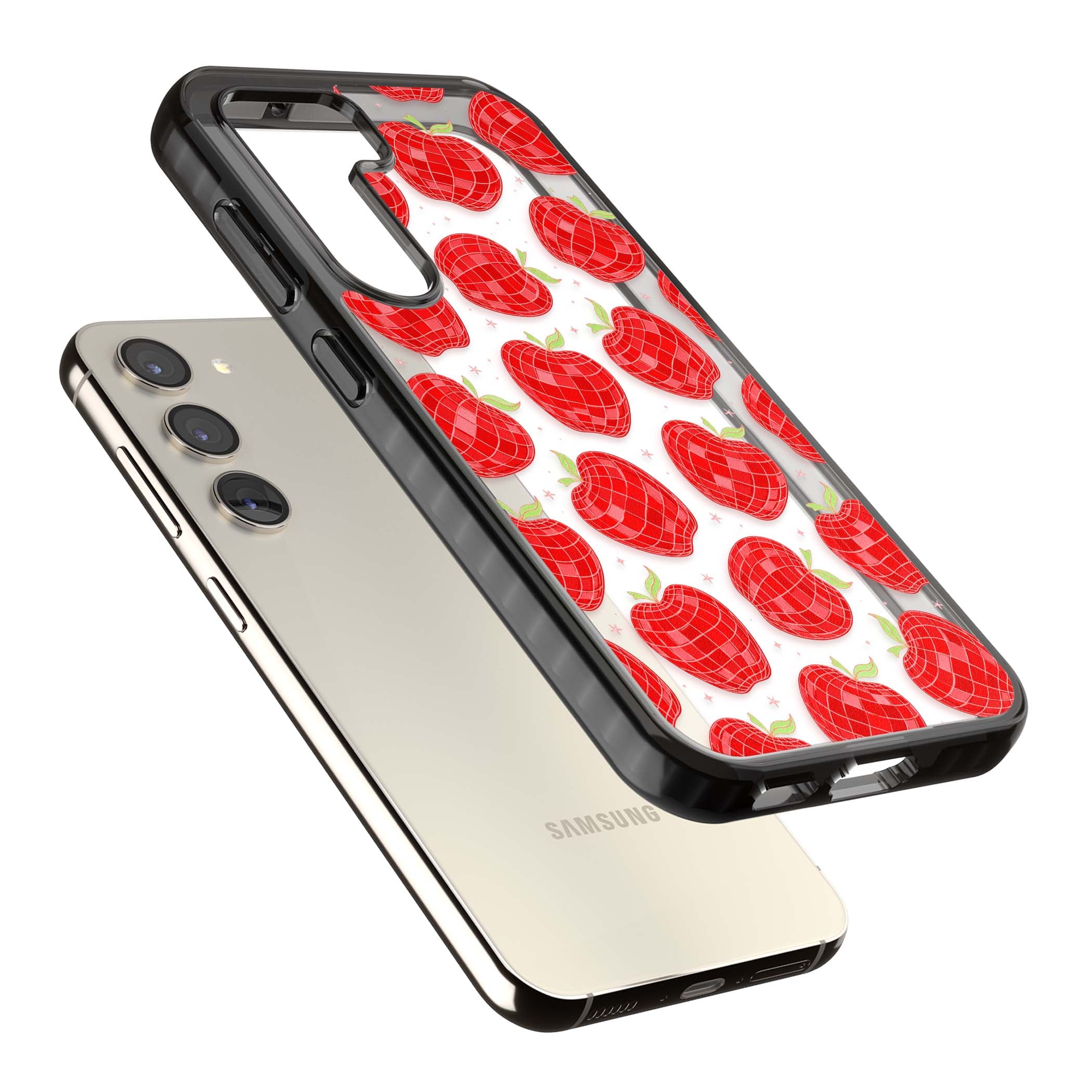 Disco Apples Y2K iPhone case featuring red disco ball apples, green leaves and pink sparkles on clear | Black Impact case for Samsung Galaxy S24, Samsung Galaxy S23, Samsung Galaxy S22