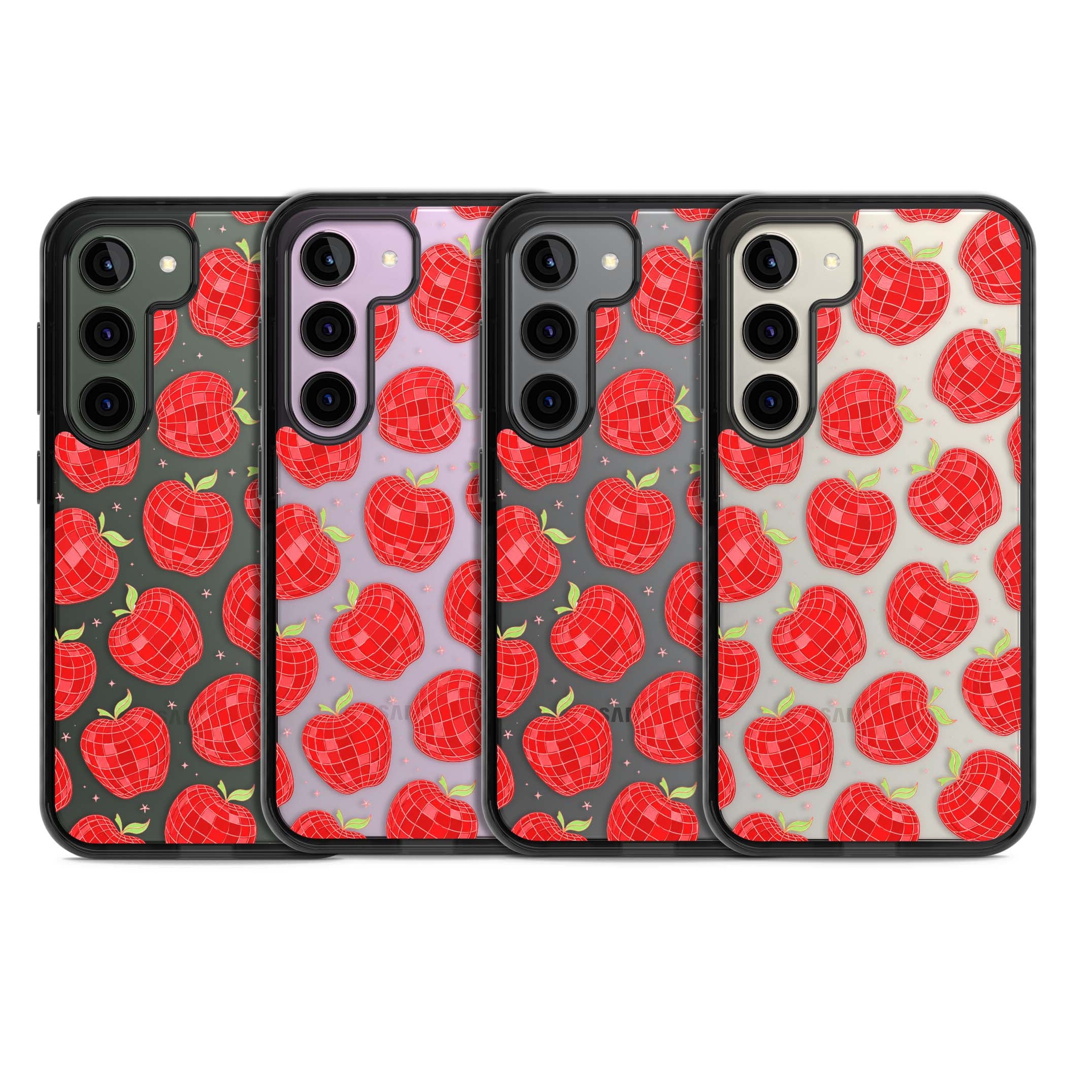 Disco Apples Y2K iPhone case featuring red disco ball apples, green leaves and pink sparkles on clear | Black Impact case for Samsung Galaxy S24, Samsung Galaxy S23, Samsung Galaxy S22