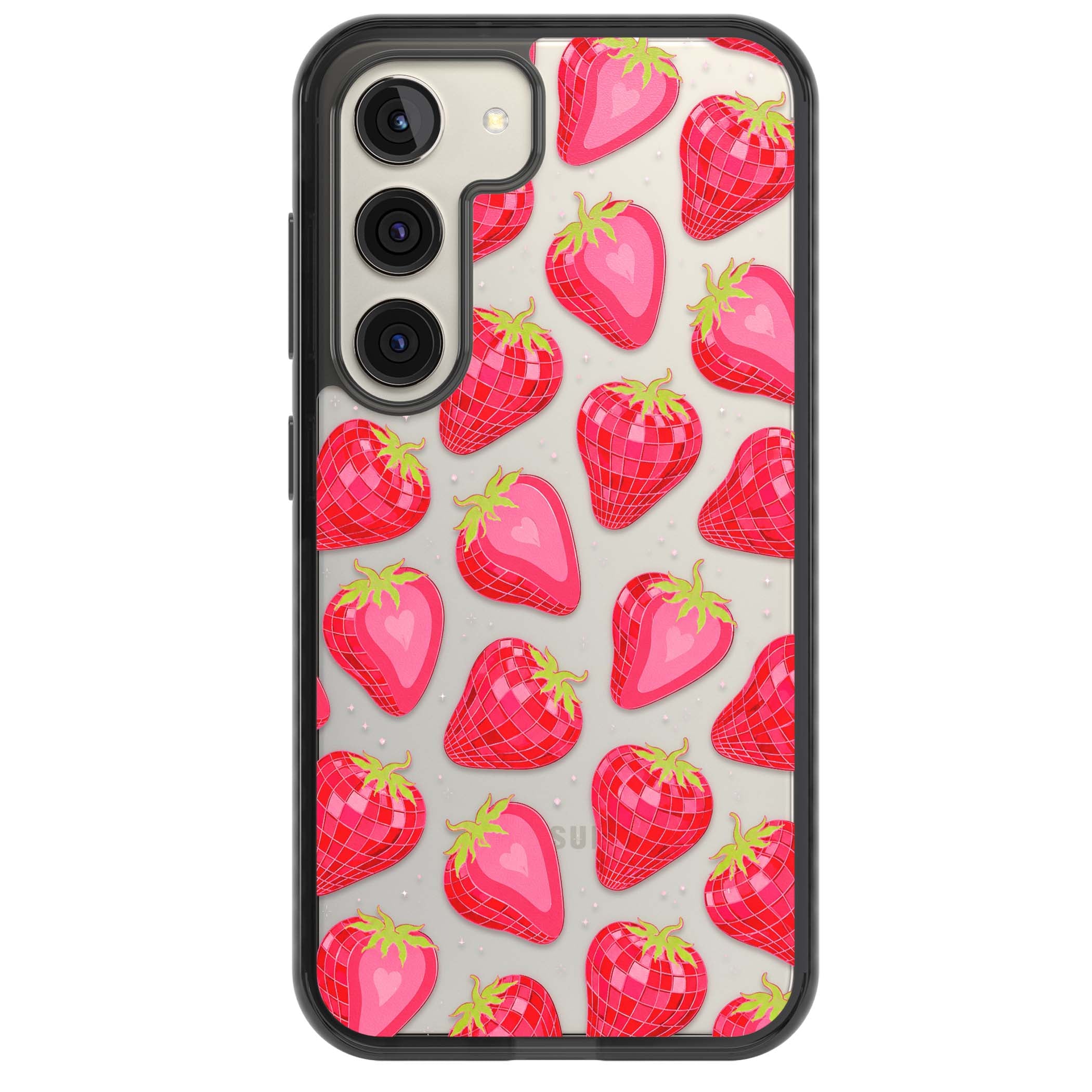 Disco Strawberry Y2K iPhone case featuring pink disco-ball strawberries, green leaves and tiny sparkles | Black Impact case for Samsung Galaxy S24, Samsung Galaxy S23, Samsung Galaxy S22