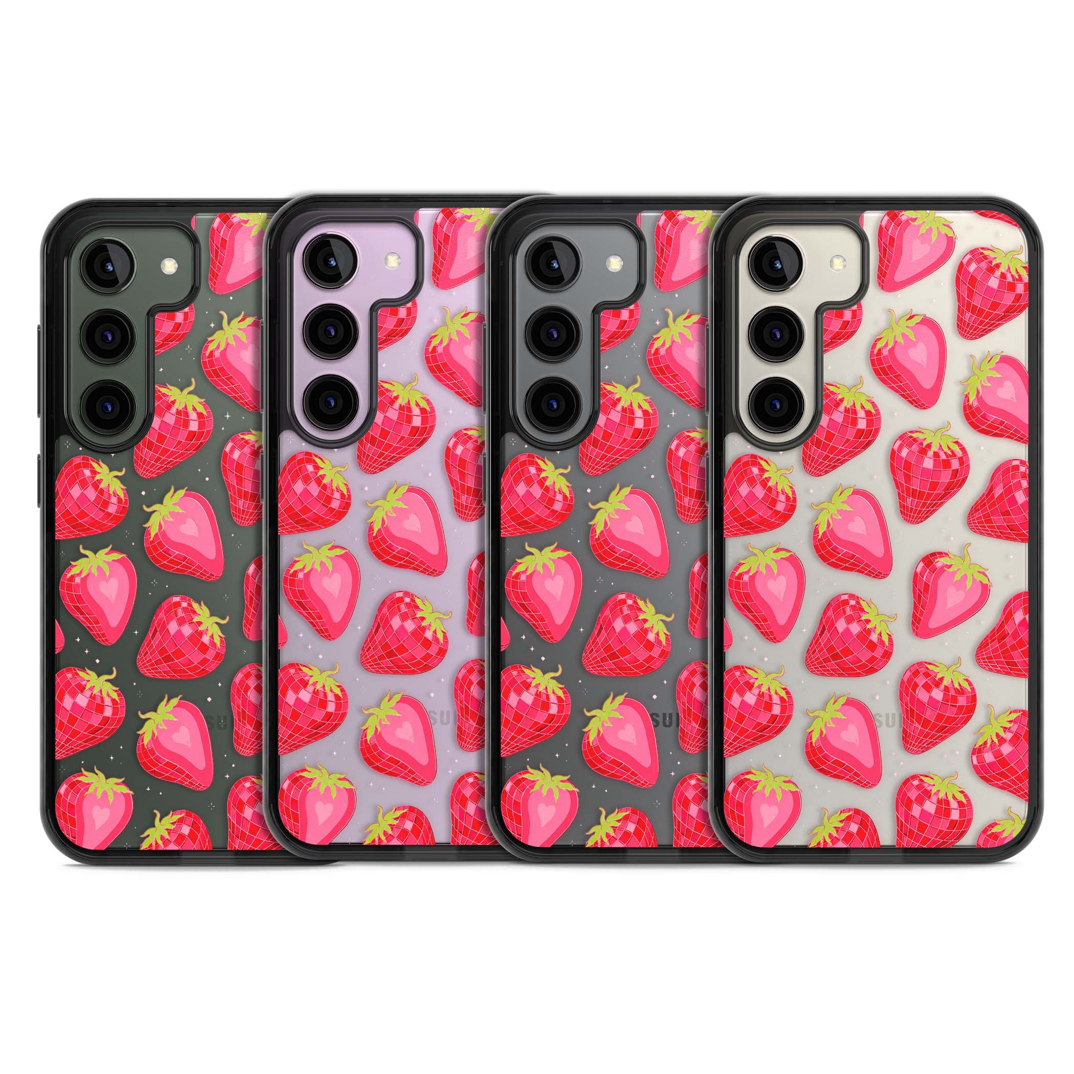 Disco Strawberry Y2K iPhone case featuring pink disco-ball strawberries, green leaves and tiny sparkles | Black Impact case for Samsung Galaxy S24, Samsung Galaxy S23, Samsung Galaxy S22