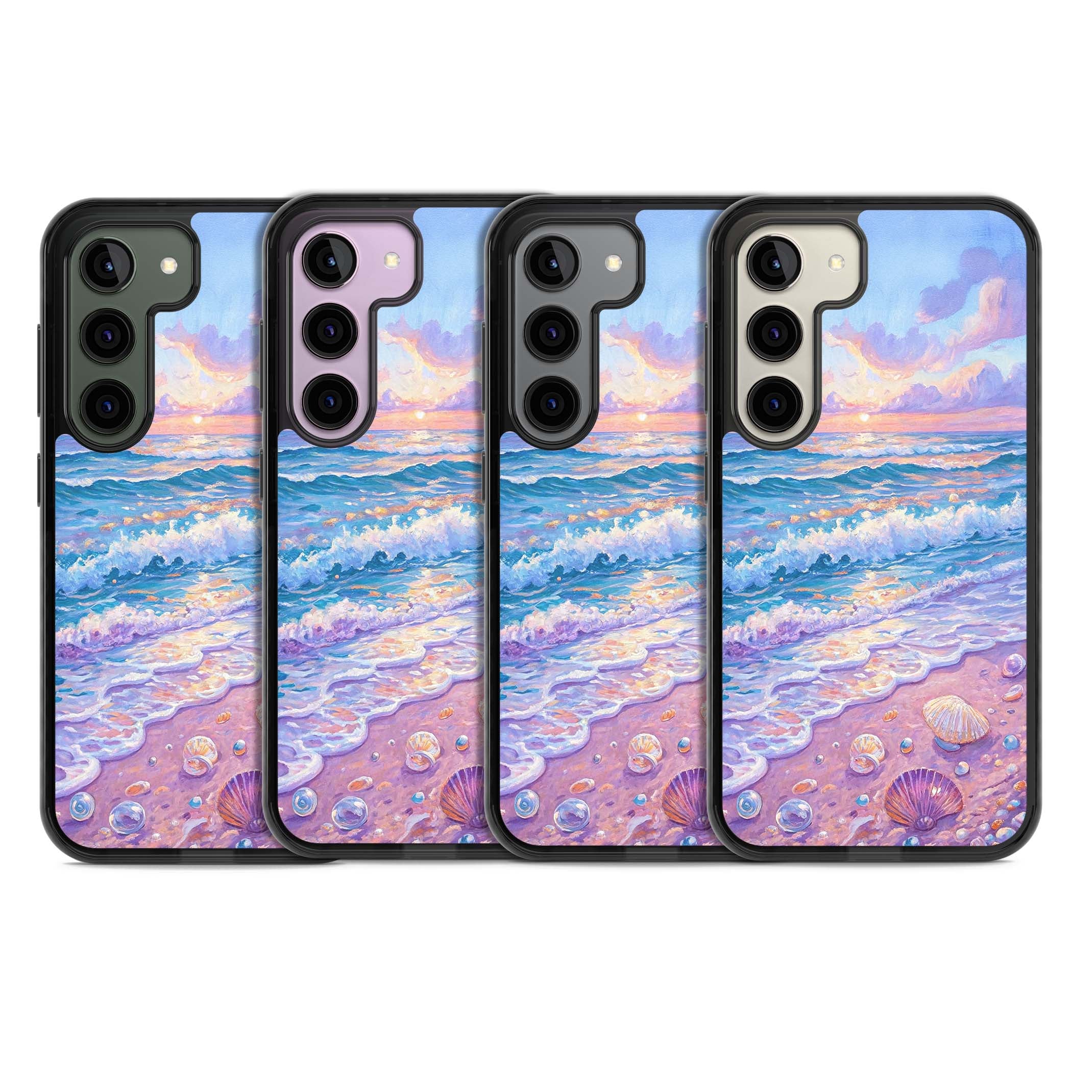 Pearl Shore coastal iPhone case featuring pastel painted waves, seashells, and a sunrise sky over a lavender beach. | Black Impact case for Samsung Galaxy S24, Samsung Galaxy S23, Samsung Galaxy S22