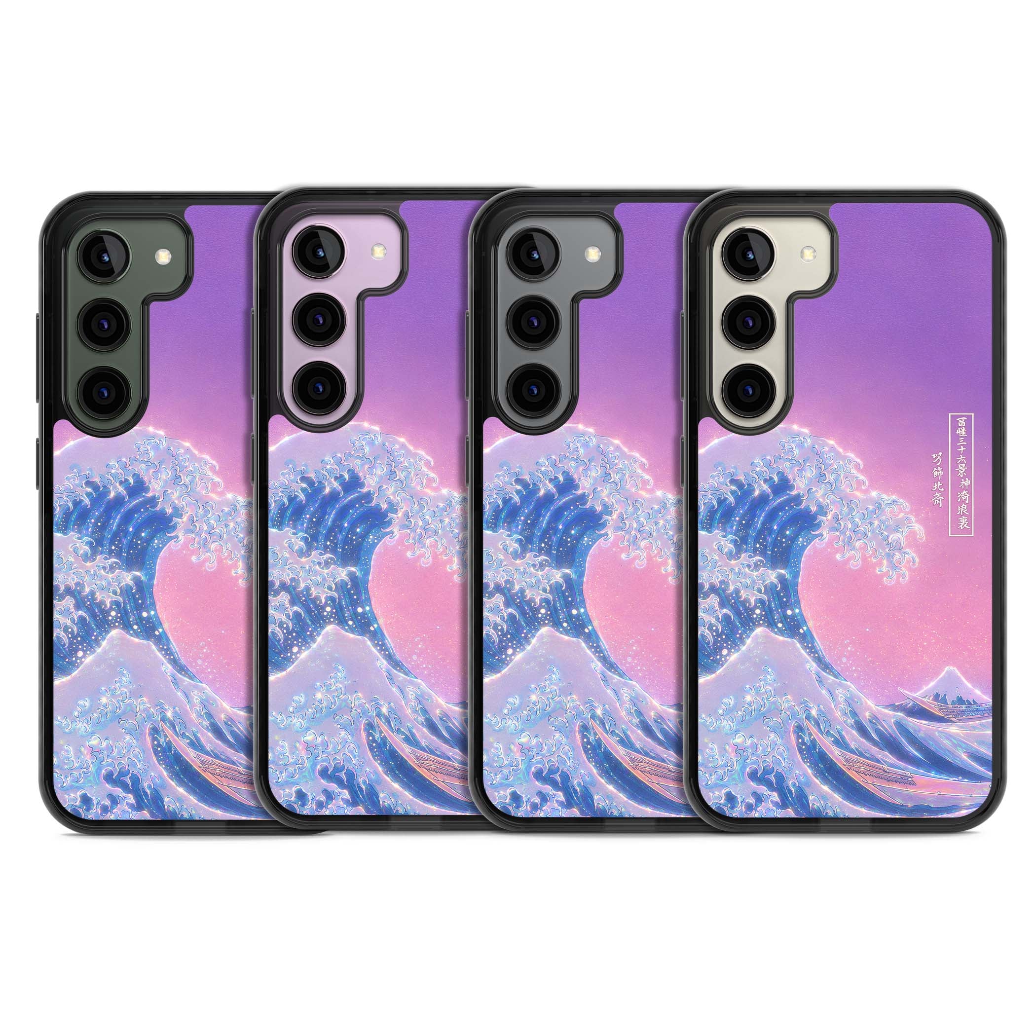 The Great Opal Wave Japanese iPhone case featuring Hokusai's great wave in iridescent pastels with lilac sky and Mou | Black Impact case for Samsung Galaxy S24, Samsung Galaxy S23, Samsung Galaxy S22