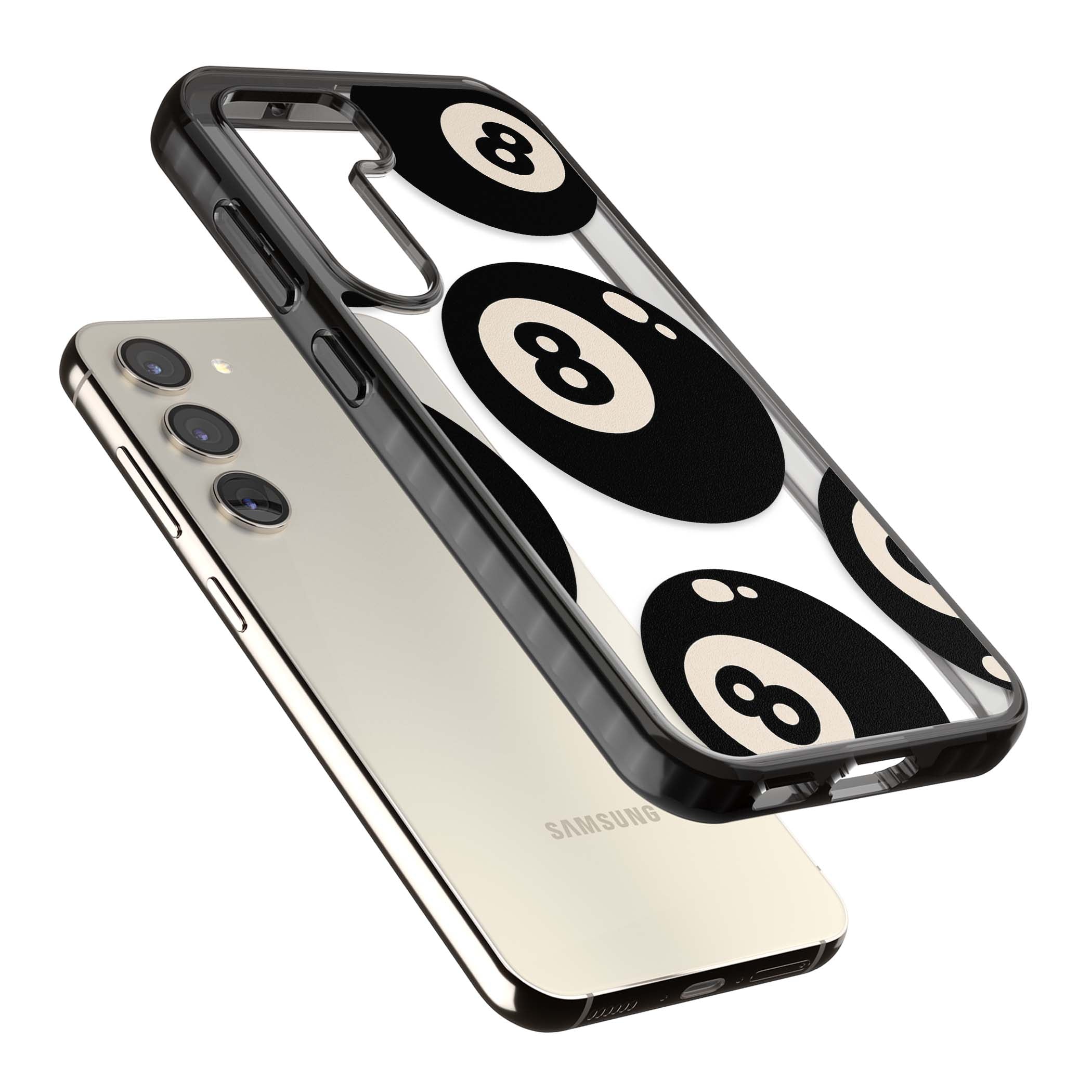 Eights y2k iPhone case featuring scattered black 8 balls with cream highlights on a clear background | Black Impact case for Samsung Galaxy S24, Samsung Galaxy S23, Samsung Galaxy S22