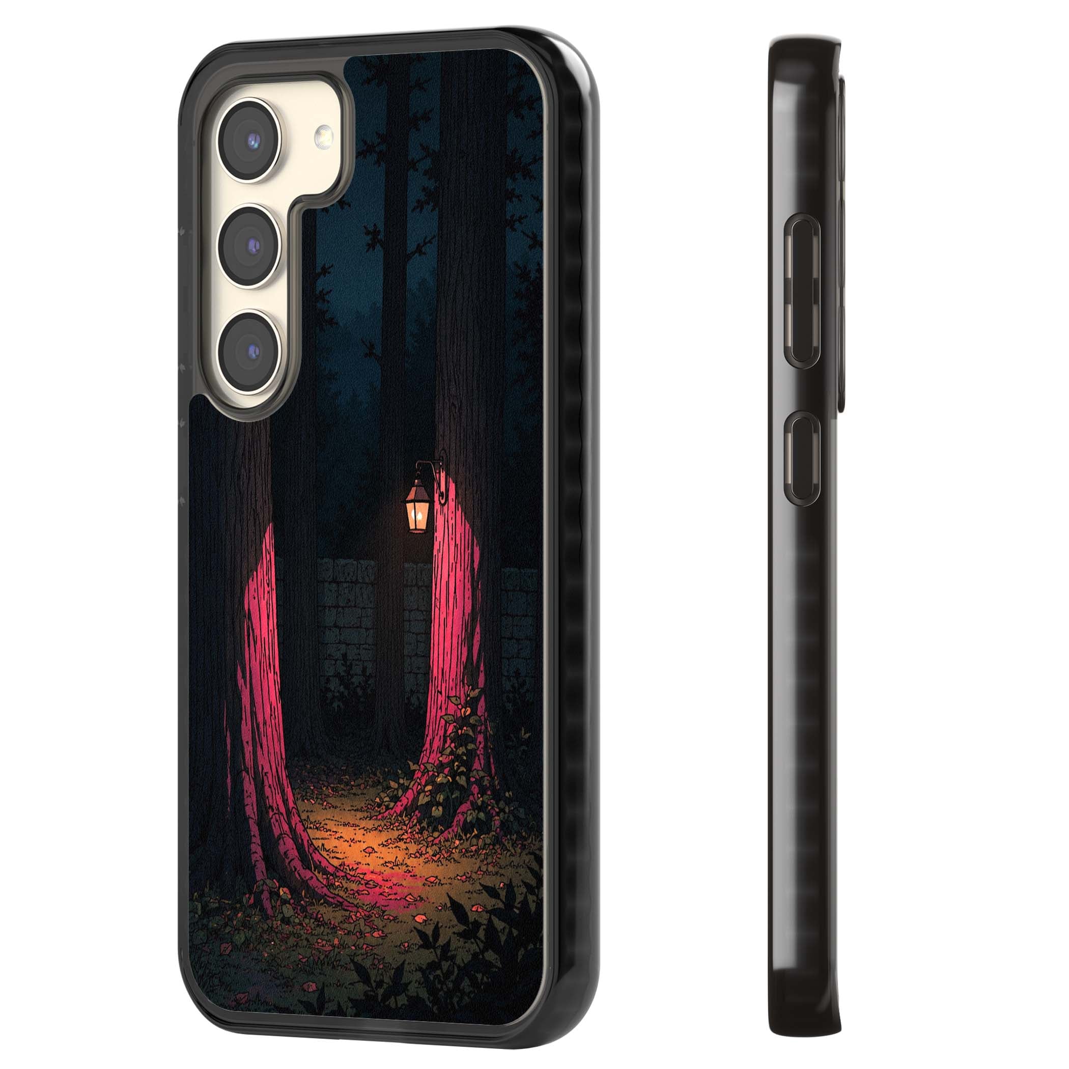 Forest Lantern dark academia iPhone case featuring a moonlit forest, glowing lantern, and stone wall pathway | Black Impact case for Samsung Galaxy S24, Samsung Galaxy S23, Samsung Galaxy S22