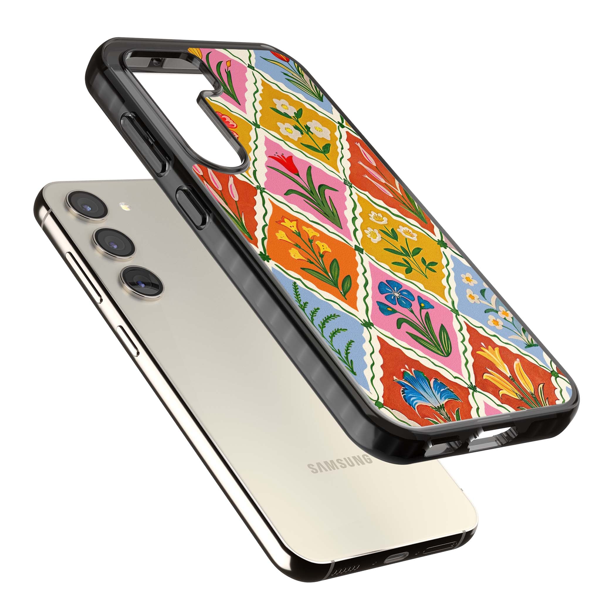 Floral Quilt boho floral iPhone case featuring diamond lattice pattern, hand-painted tulips and folk art wildflowers | Black Impact case for Samsung Galaxy S24, Samsung Galaxy S23, Samsung Galaxy S22