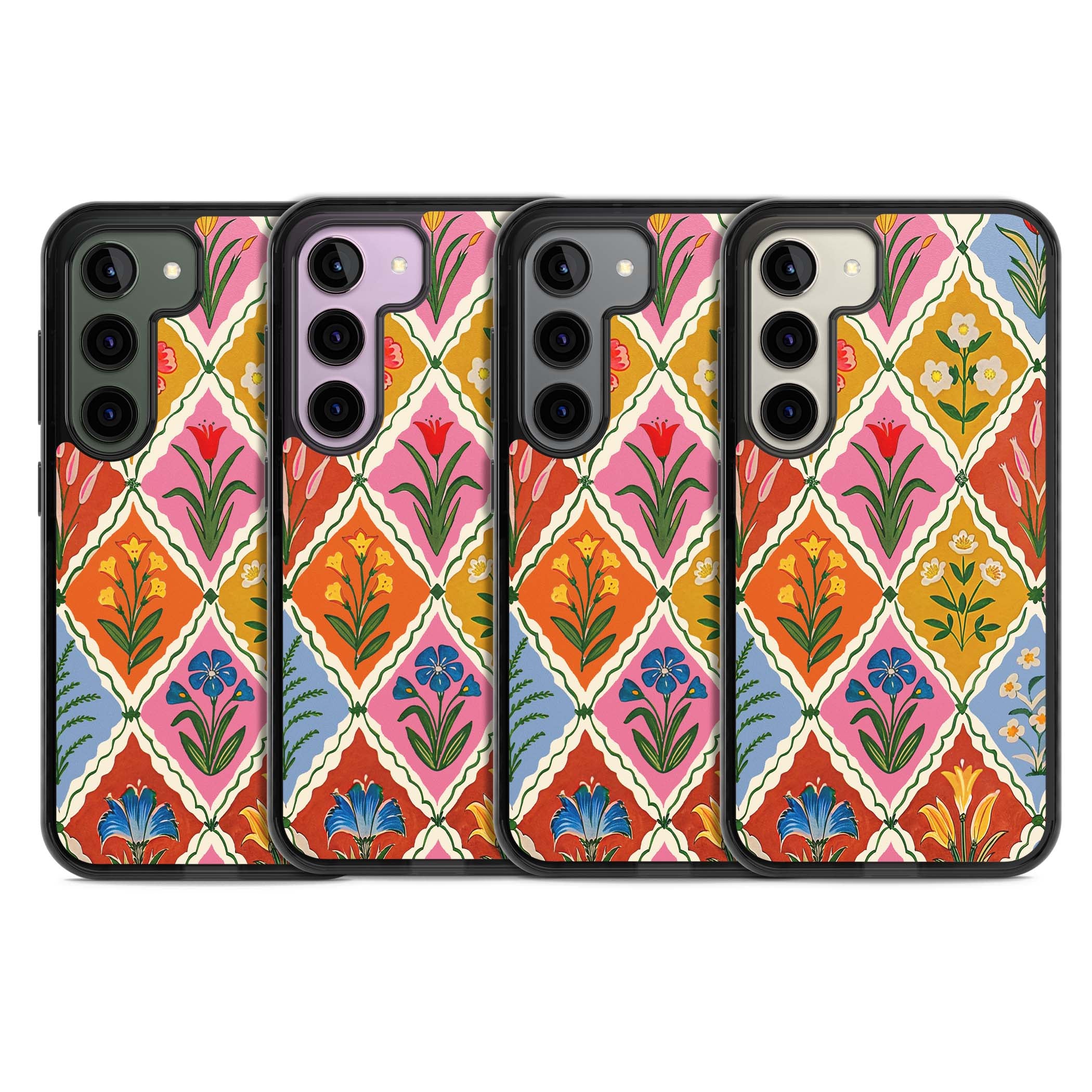 Floral Quilt boho floral iPhone case featuring diamond lattice pattern, hand-painted tulips and folk art wildflowers | Black Impact case for Samsung Galaxy S24, Samsung Galaxy S23, Samsung Galaxy S22