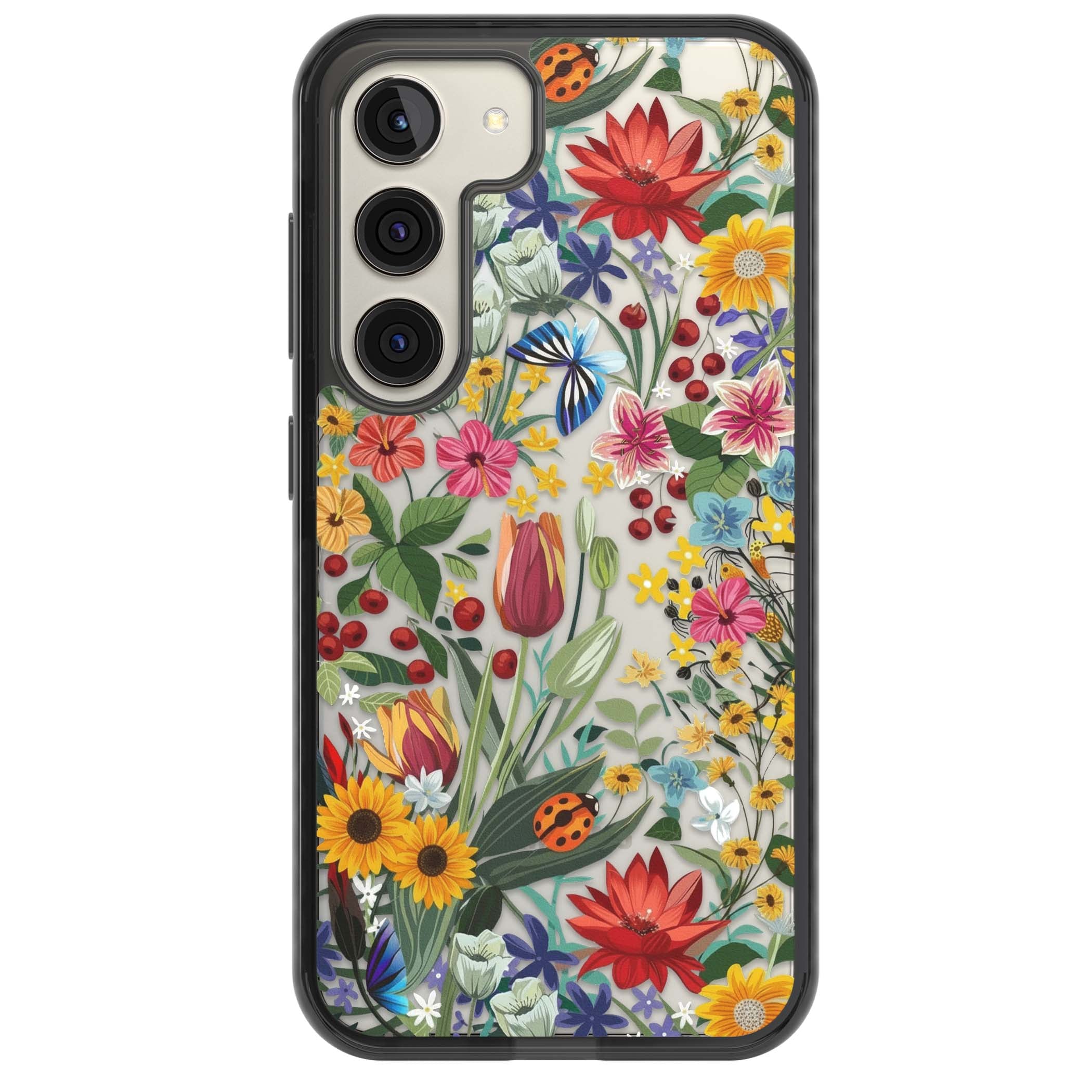 Botanical Bloom cottagecore iPhone case featuring colorful wildflowers, sunflowers, and ladybugs on clear background | Black Impact case for Samsung Galaxy S24, Samsung Galaxy S23, Samsung Galaxy S22