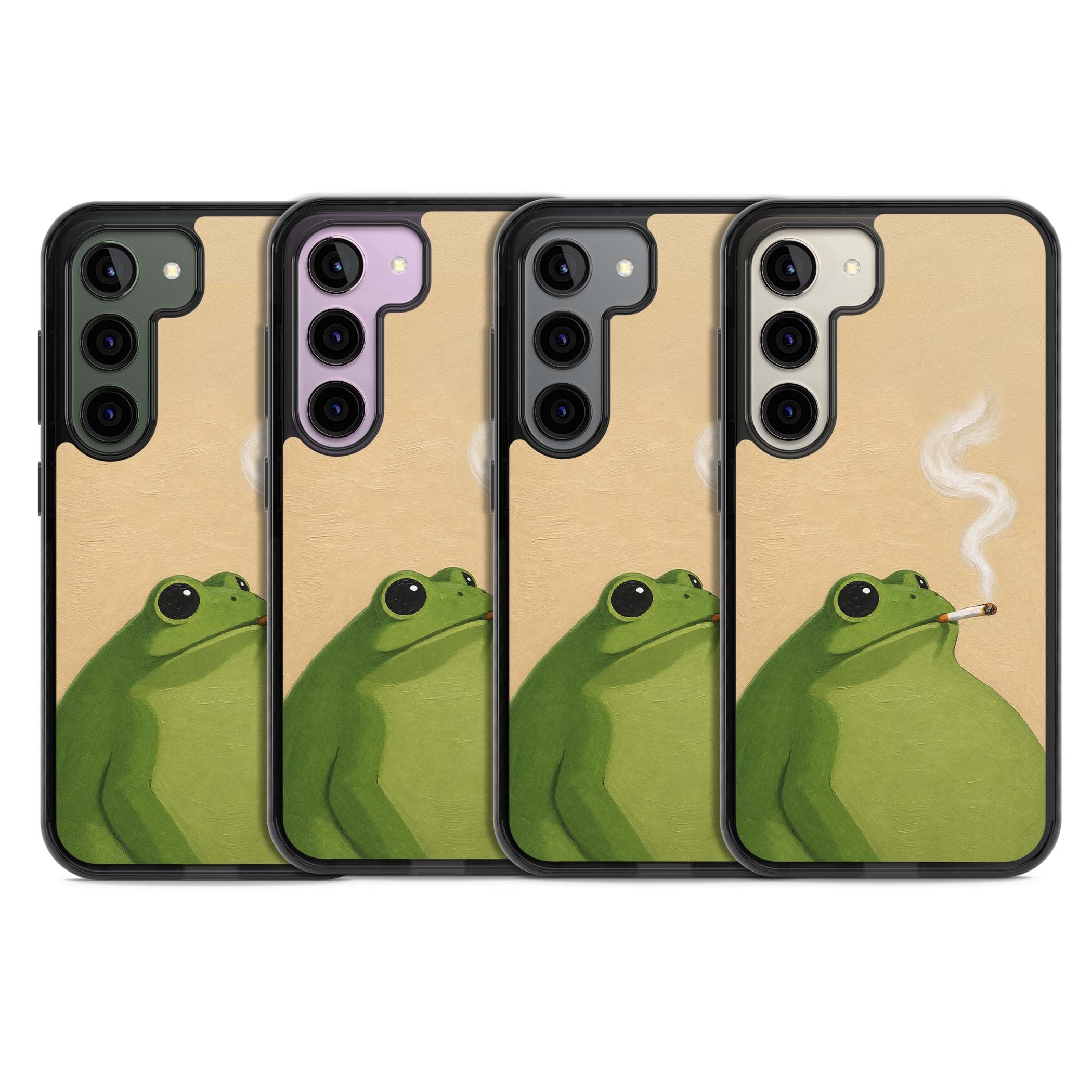 The Smoking Frog cottagecore iPhone case featuring a hand-painted green frog smoking a cigarette on a cream oil painting back | Black Impact case for Samsung Galaxy S24, Samsung Galaxy S23, Samsung Galaxy S22