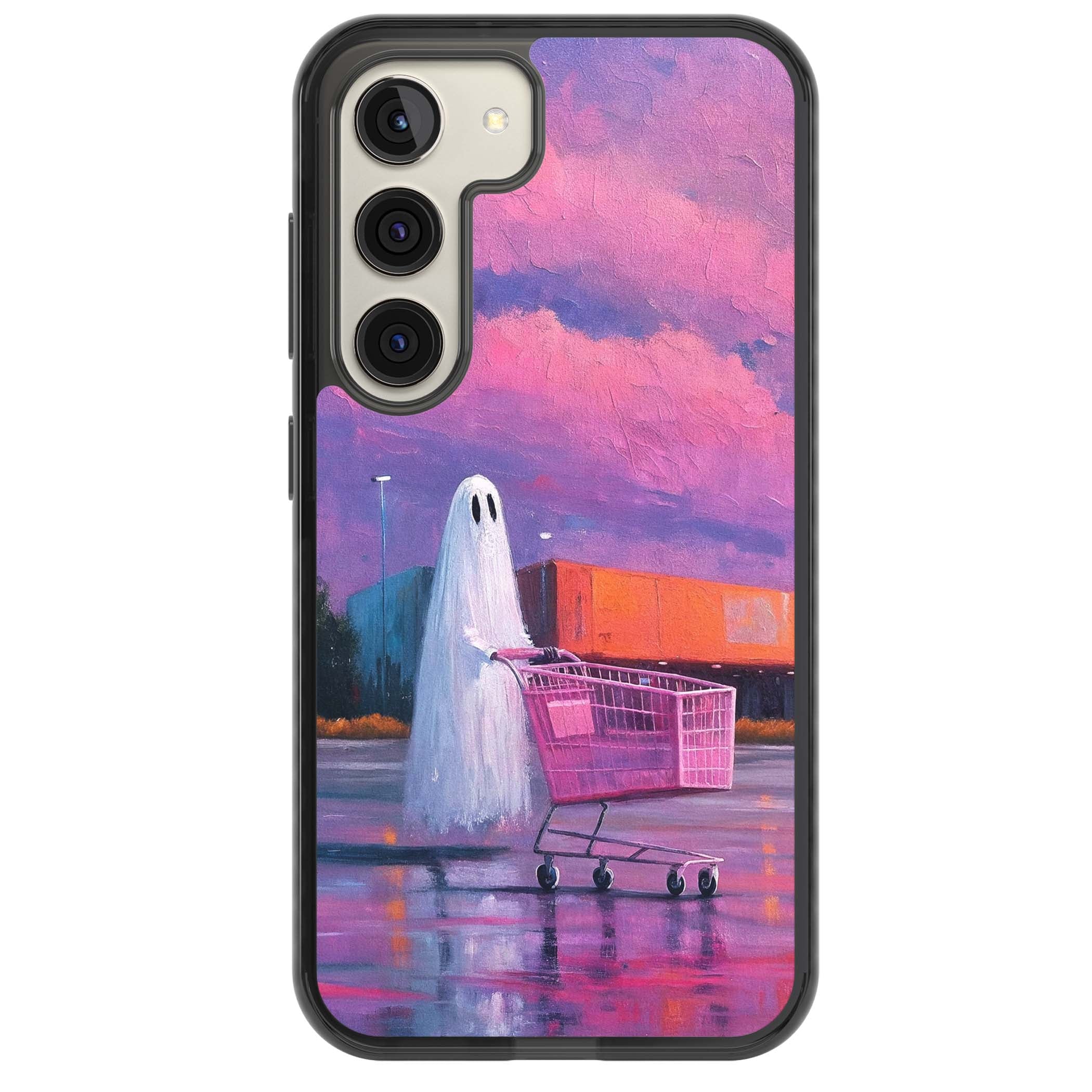 A Ghost's Errand ghost halloween iPhone case featuring a painted ghost, pink shopping trolley and purple sunset sky | Black Impact case for Samsung Galaxy S24, Samsung Galaxy S23, Samsung Galaxy S22
