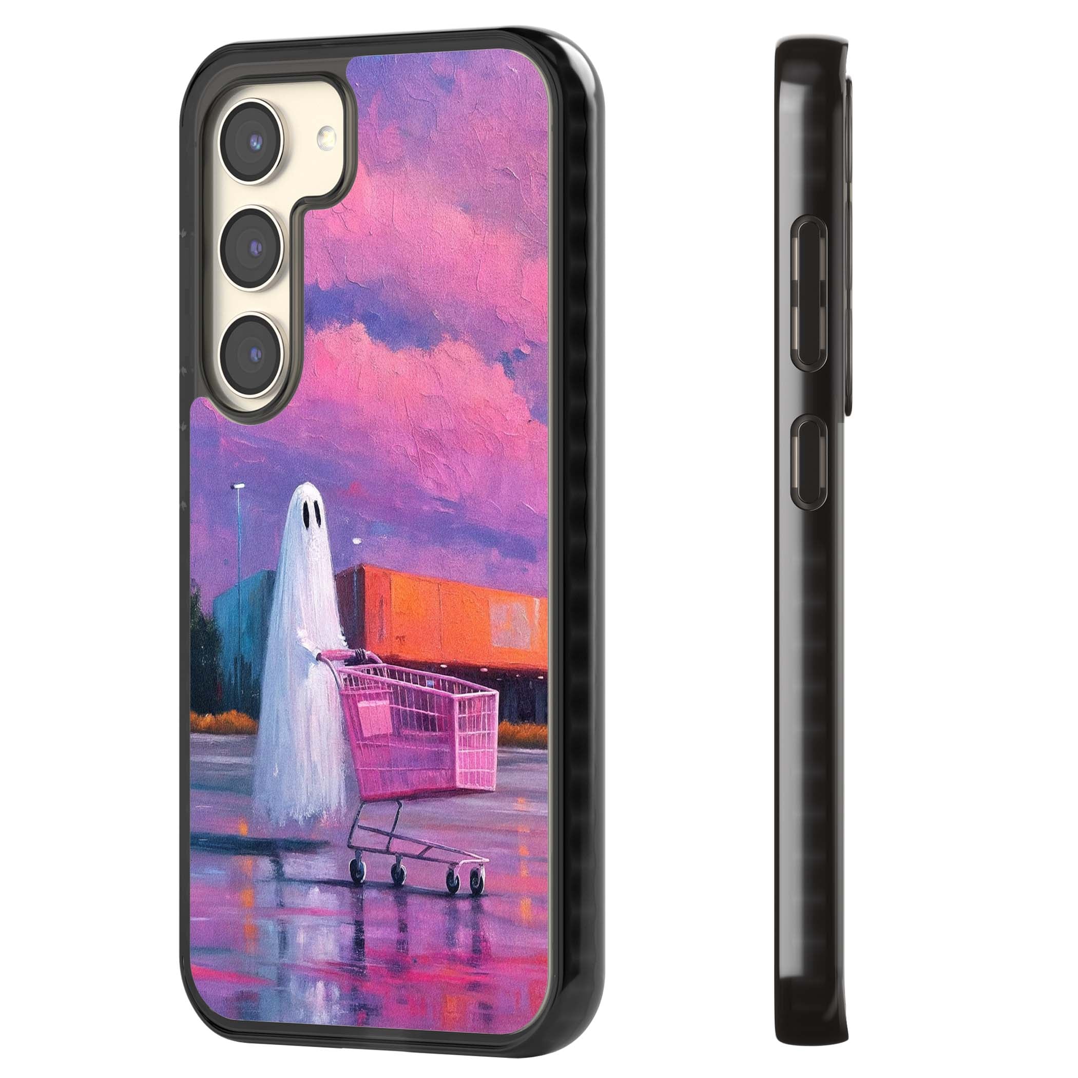A Ghost's Errand ghost halloween iPhone case featuring a painted ghost, pink shopping trolley and purple sunset sky | Black Impact case for Samsung Galaxy S24, Samsung Galaxy S23, Samsung Galaxy S22