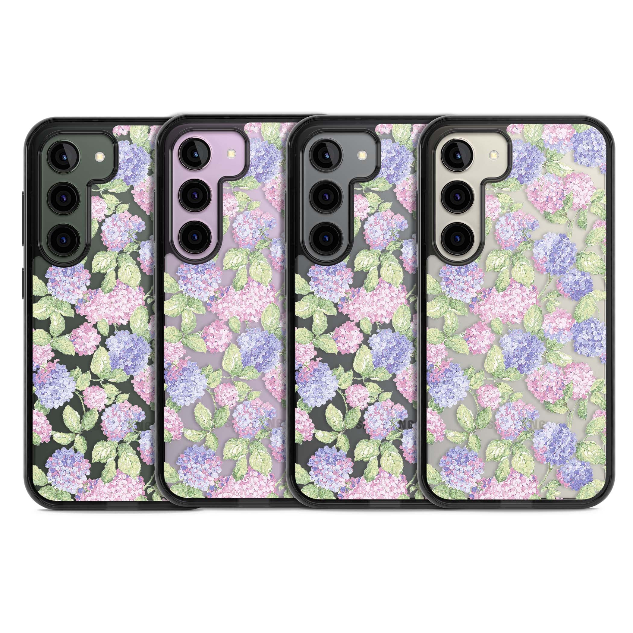 Cottage Hydrangea cottagecore iPhone case featuring pink and purple hydrangea blooms with green leaves on a clear background | Black Impact case for Samsung Galaxy S24, Samsung Galaxy S23, Samsung Galaxy S22